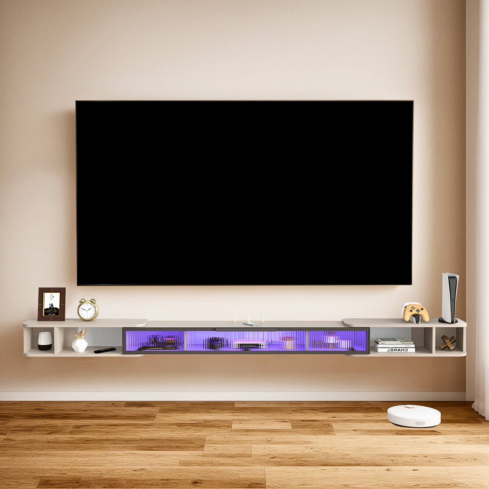 Retractable Light Grey Thin Floating TV Console Table, Slim TV Shelving Unit with LED Lights Glass Door Storage, Wall Mounted Under TV Cabinet