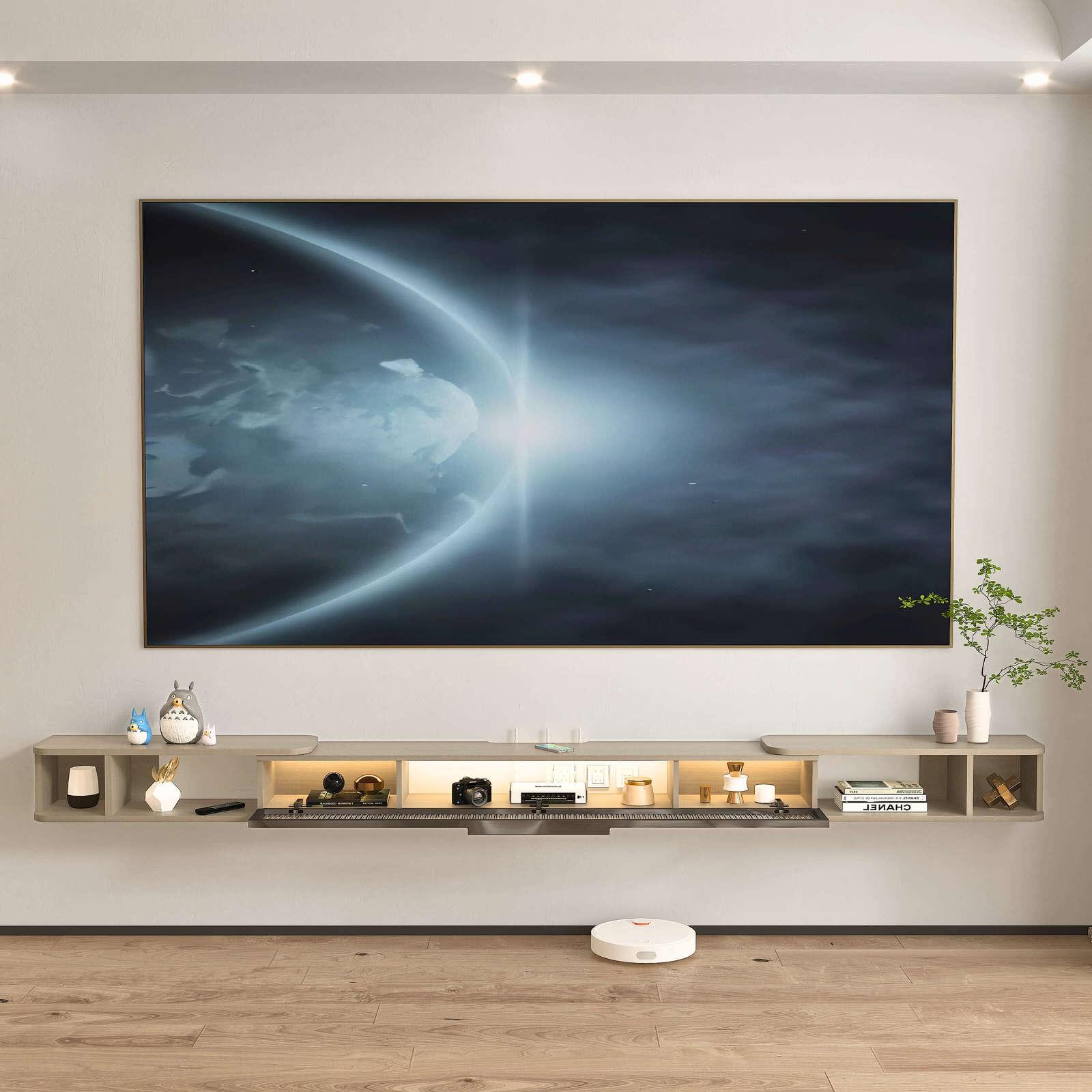 Retractable Light Grey Thin Floating TV Console Table, Slim TV Shelving Unit with LED Lights Glass Door Storage, Wall Mounted Under TV Cabinet