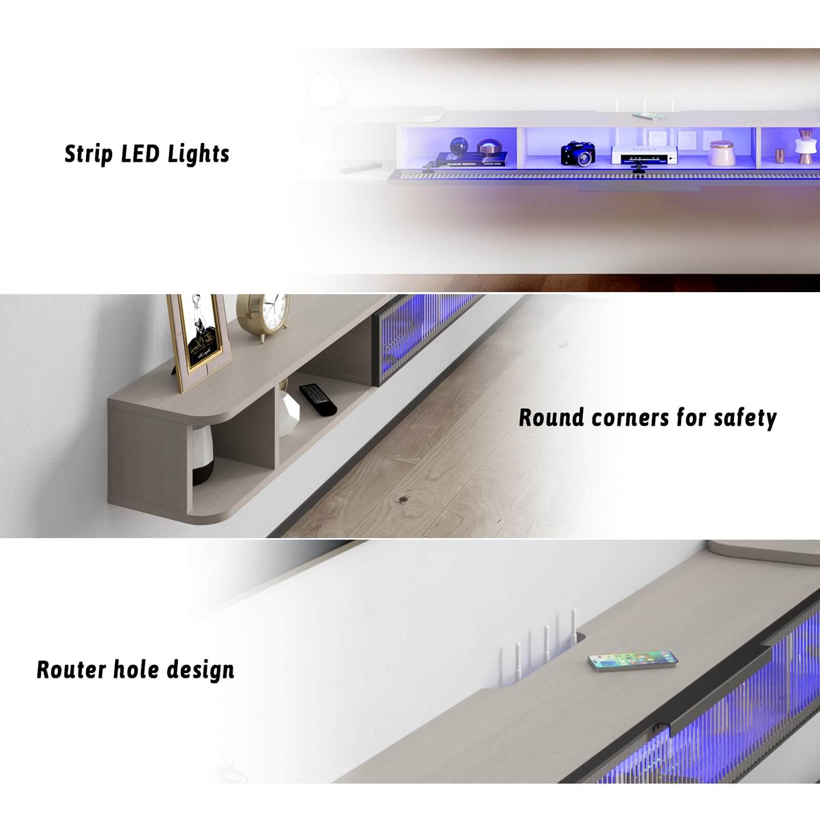 87'' to 122'' Extendable Floating Wall Shelf Under TV, Storage for Soundbar, AV Receiver, Cable Box, Game Console, Hide TV Wires, Light Grey, 7-10 ft