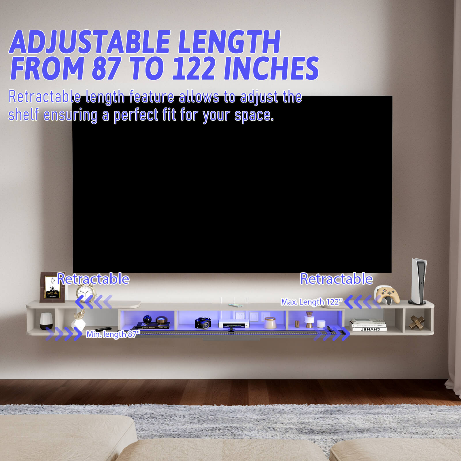 Retractable Light Grey Thin Floating TV Console Table, Slim TV Shelving Unit with LED Lights Glass Door Storage, Wall Mounted Under TV Cabinet