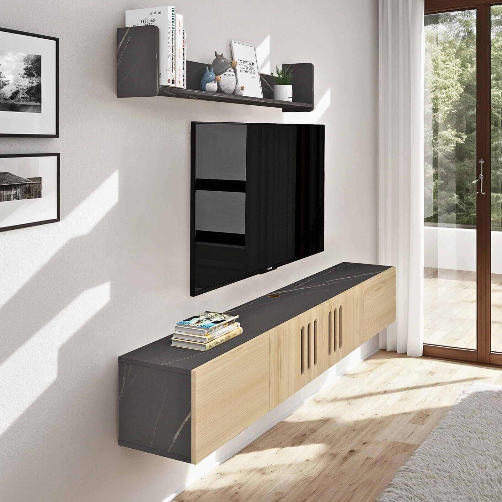 Customize Modern Minimalist Wood Floating TV Stand with Above Shelf and Slatted Door #color_light oak