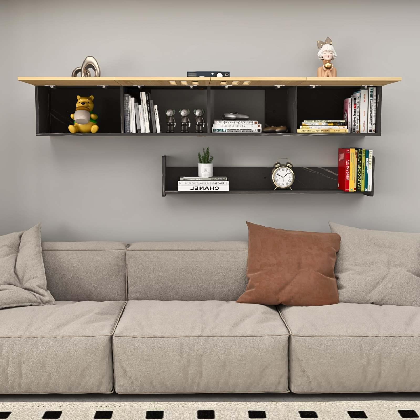 Customize Modern Minimalist Wood Floating TV Stand with Above Shelf and Slatted Door #color_light oak