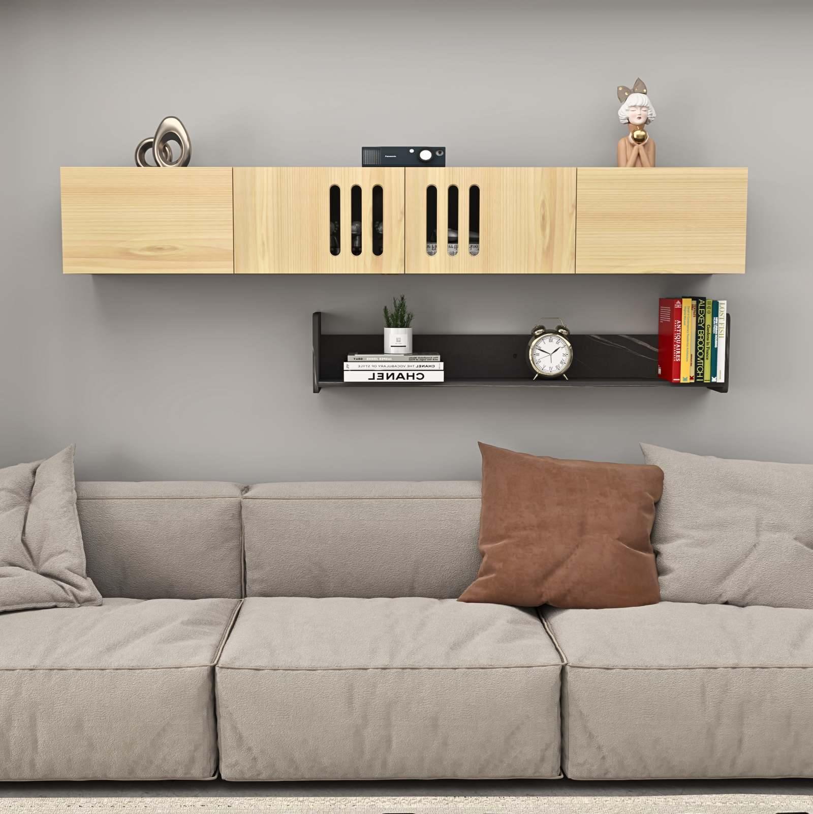 Customize Modern Minimalist Wood Floating TV Stand with Above Shelf and Slatted Door #color_light oak