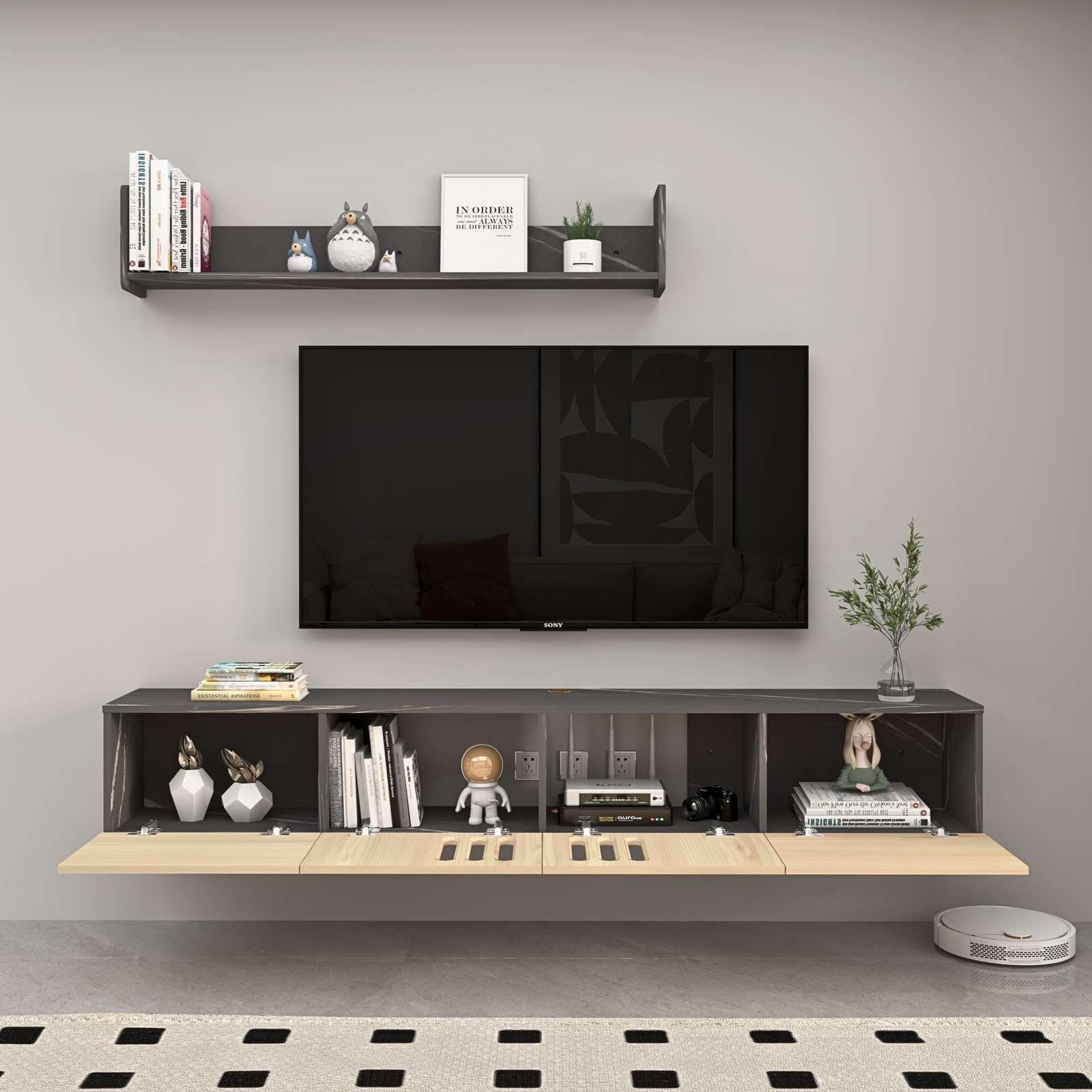 Customize Modern Minimalist Wood Floating TV Stand with Above Shelf and Slatted Door #color_light oak