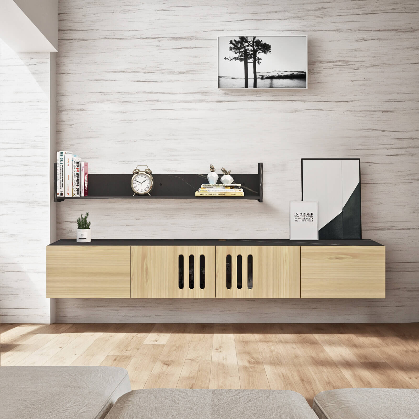 Customize Modern Minimalist Wood Floating TV Stand with Above Shelf and Slatted Door #color_light oak