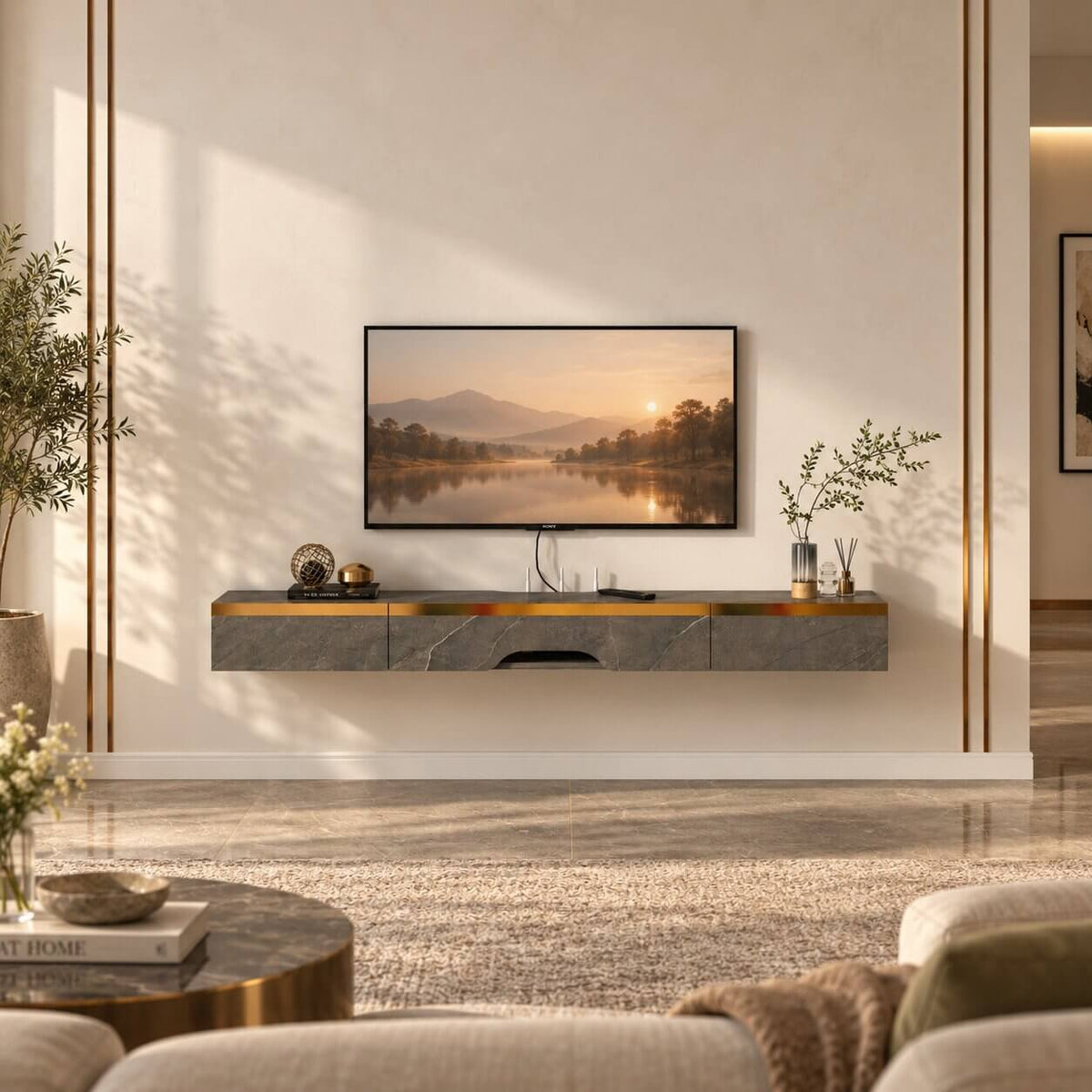 47" Elega Floating TV Stand, Marble Grey