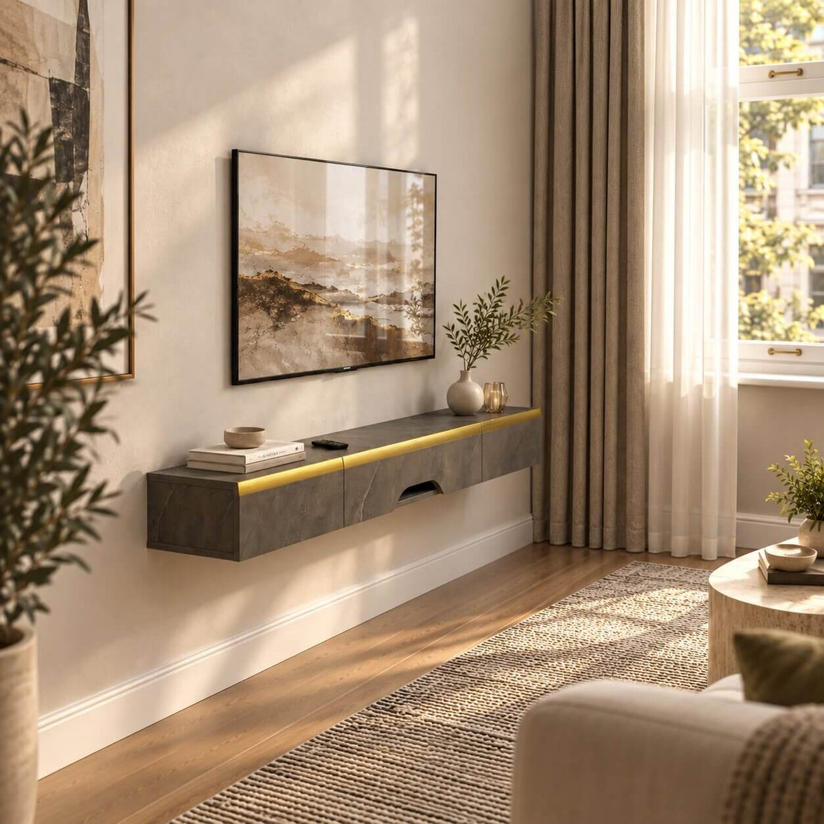 47" Elega Floating TV Stand, Marble Grey