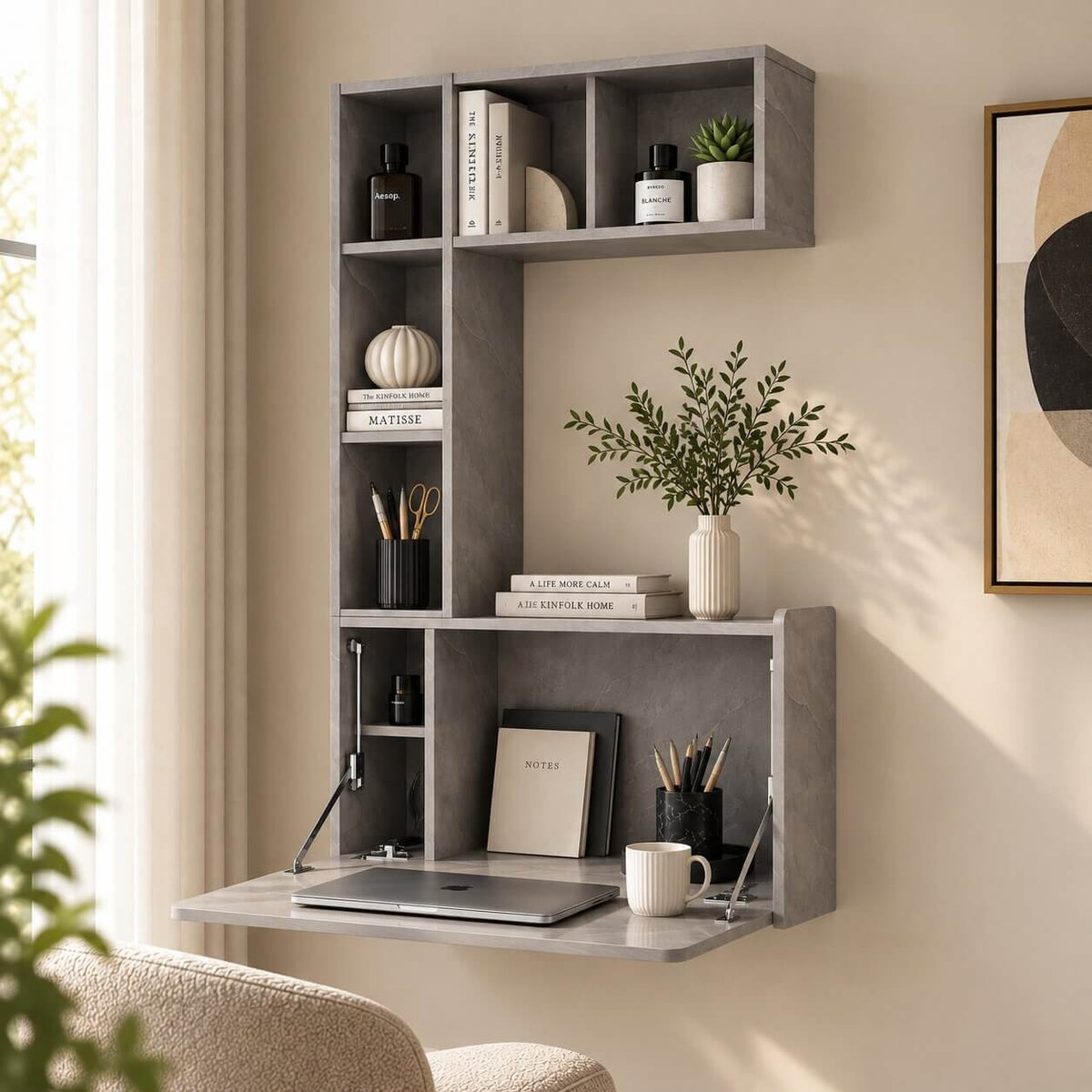 Plywood Wall Mounted Fold Down Desk with Large Storage Shelf, Grey (Backorder)