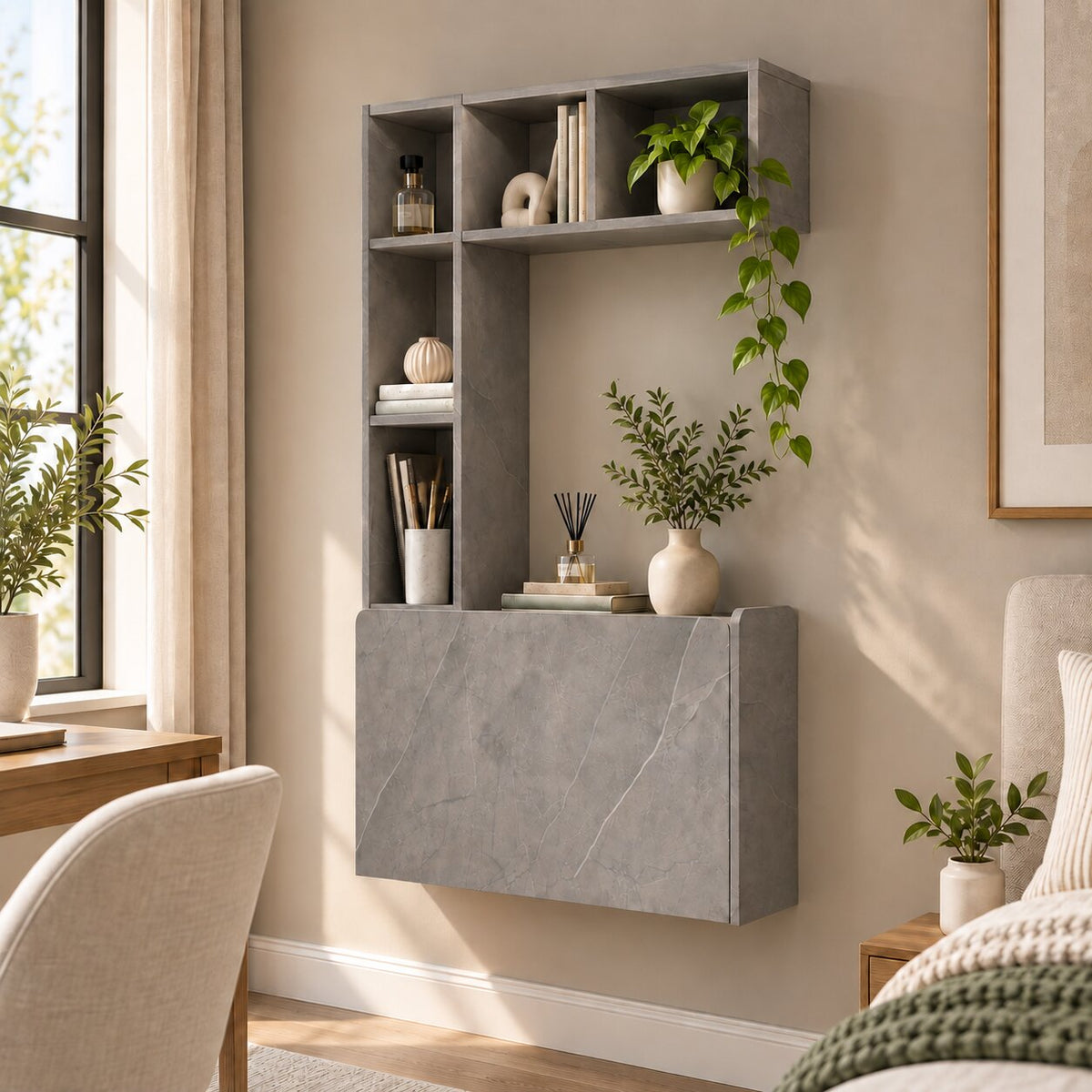 Plywood Wall Mounted Fold Down Desk with Large Storage Shelf, Grey (Backorder)