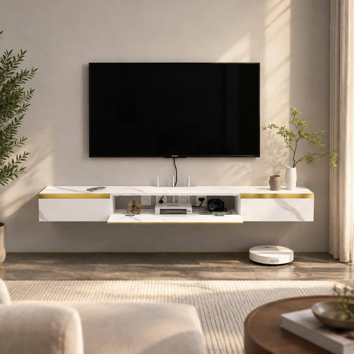 67" Elega Floating TV Stand, Marble White