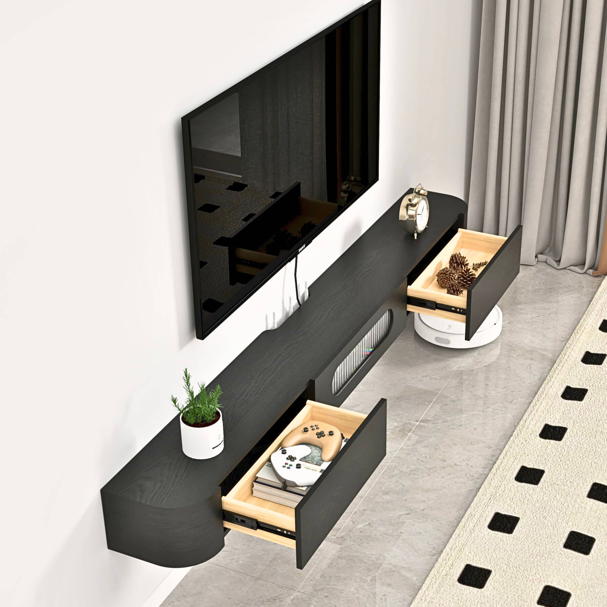 Customize Modern Minimalist Solid Wood Floating TV Stand with Drawers and Glass Door #color_black