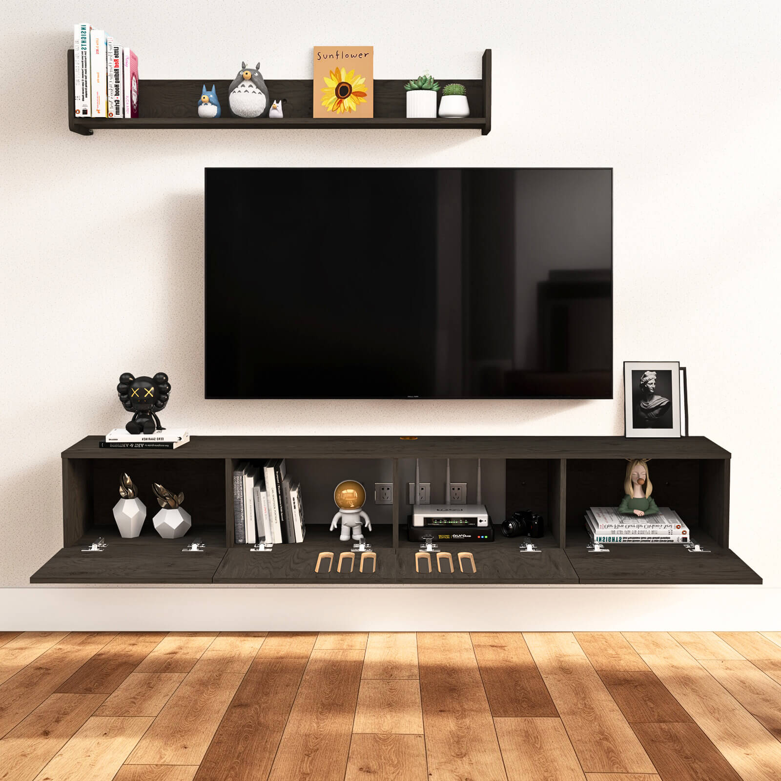 Customize Modern Minimalist Wood Floating TV Stand with Above Shelf and Slatted Door