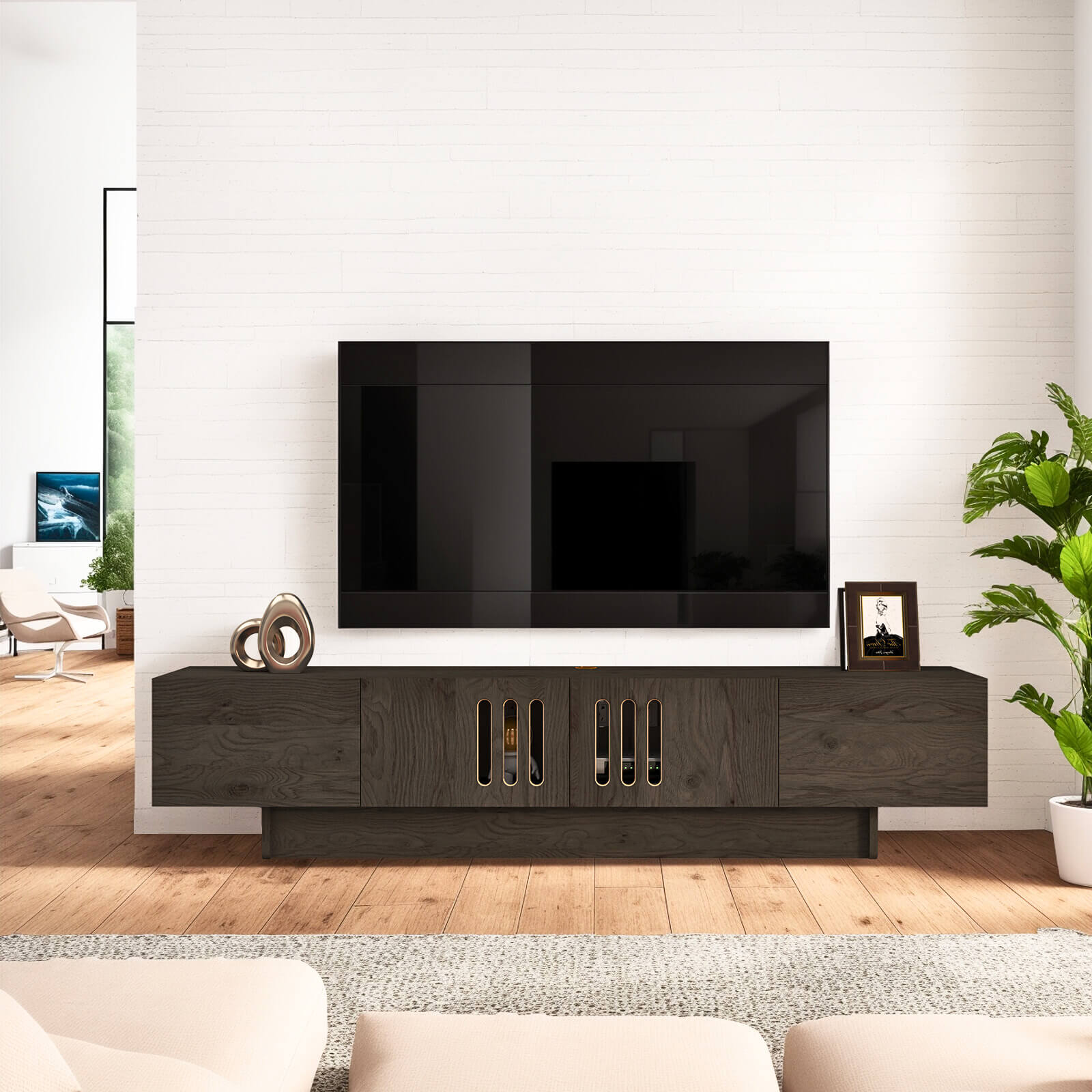Customize Modern Minimalist Wood Floating TV Stand with Above Shelf and Slatted Door