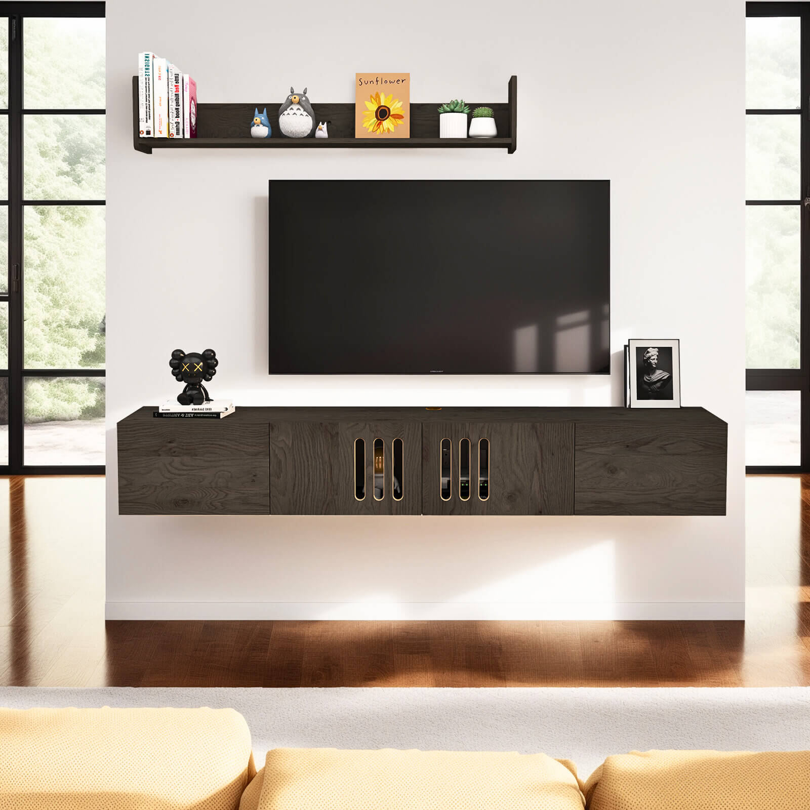 Customize Modern Minimalist Wood Floating TV Stand with Above Shelf and Slatted Door