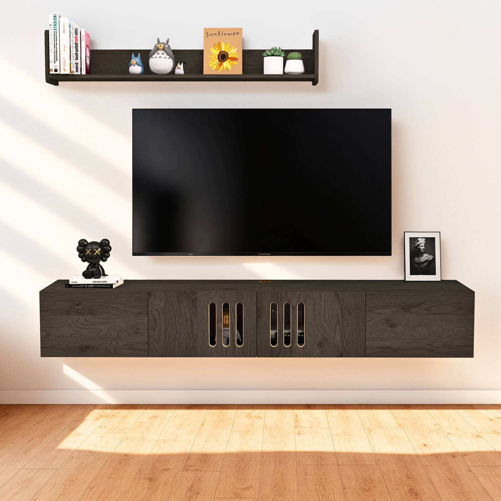 Customize Modern Minimalist Wood Floating TV Stand with Above Shelf and Slatted Door #color_dark grey