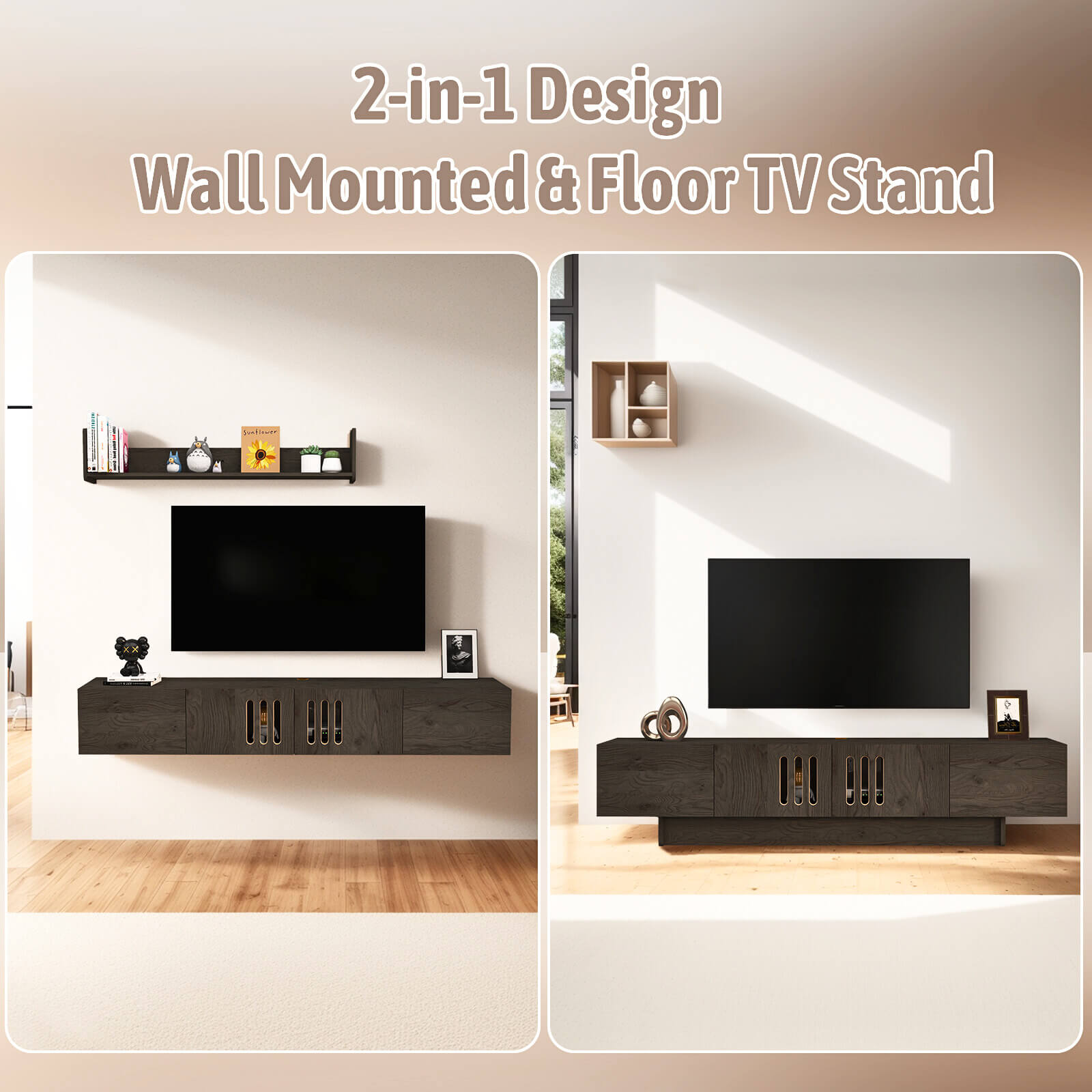 Customize Modern Minimalist Wood Floating TV Stand with Above Shelf and Slatted Door