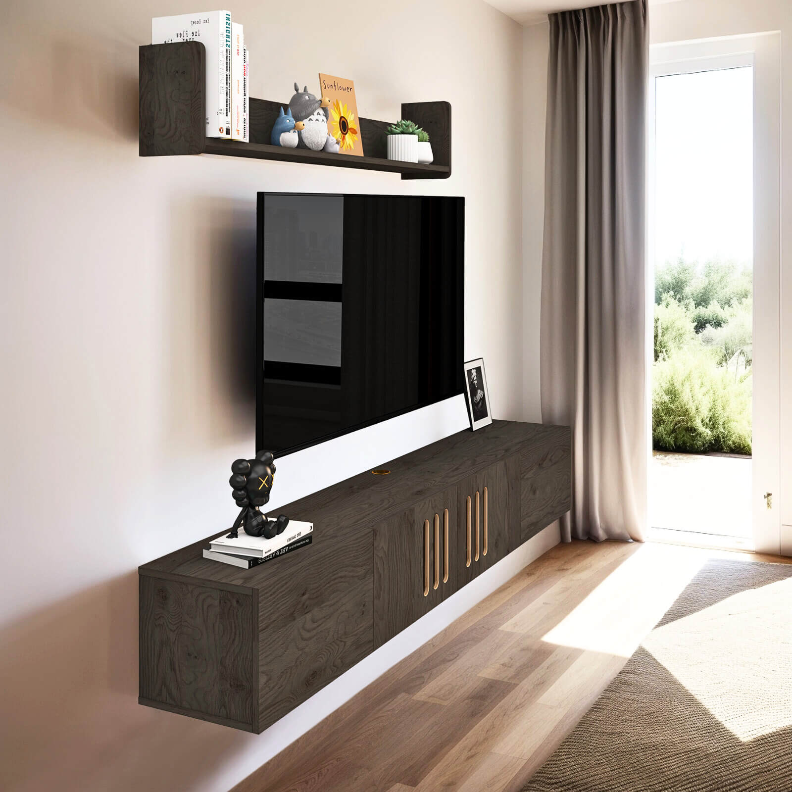 Customize Modern Minimalist Wood Floating TV Stand with Above Shelf and Slatted Door