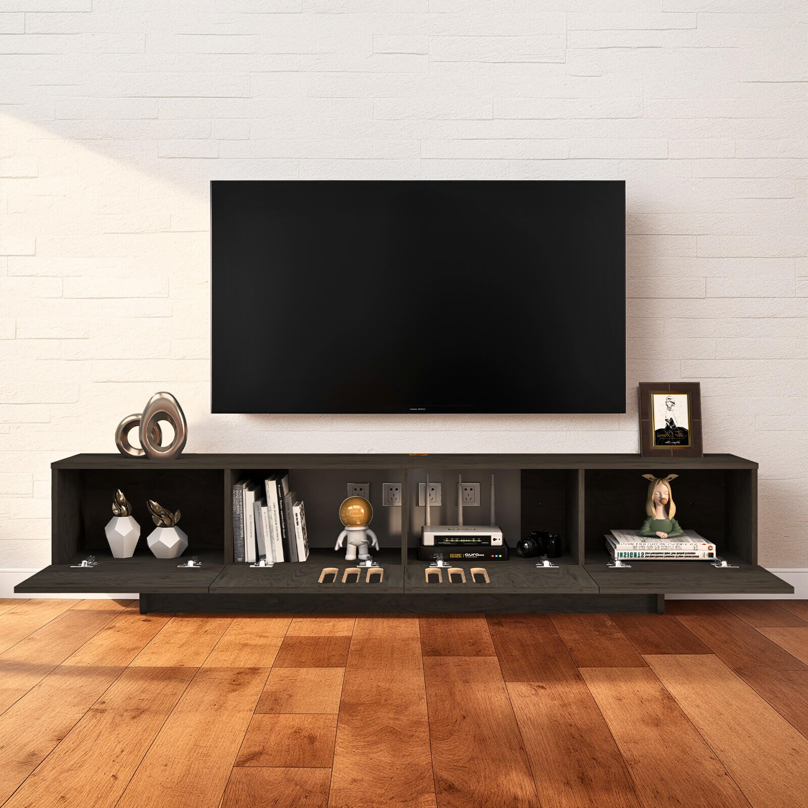 Customize Modern Minimalist Wood Floating TV Stand with Above Shelf and Slatted Door