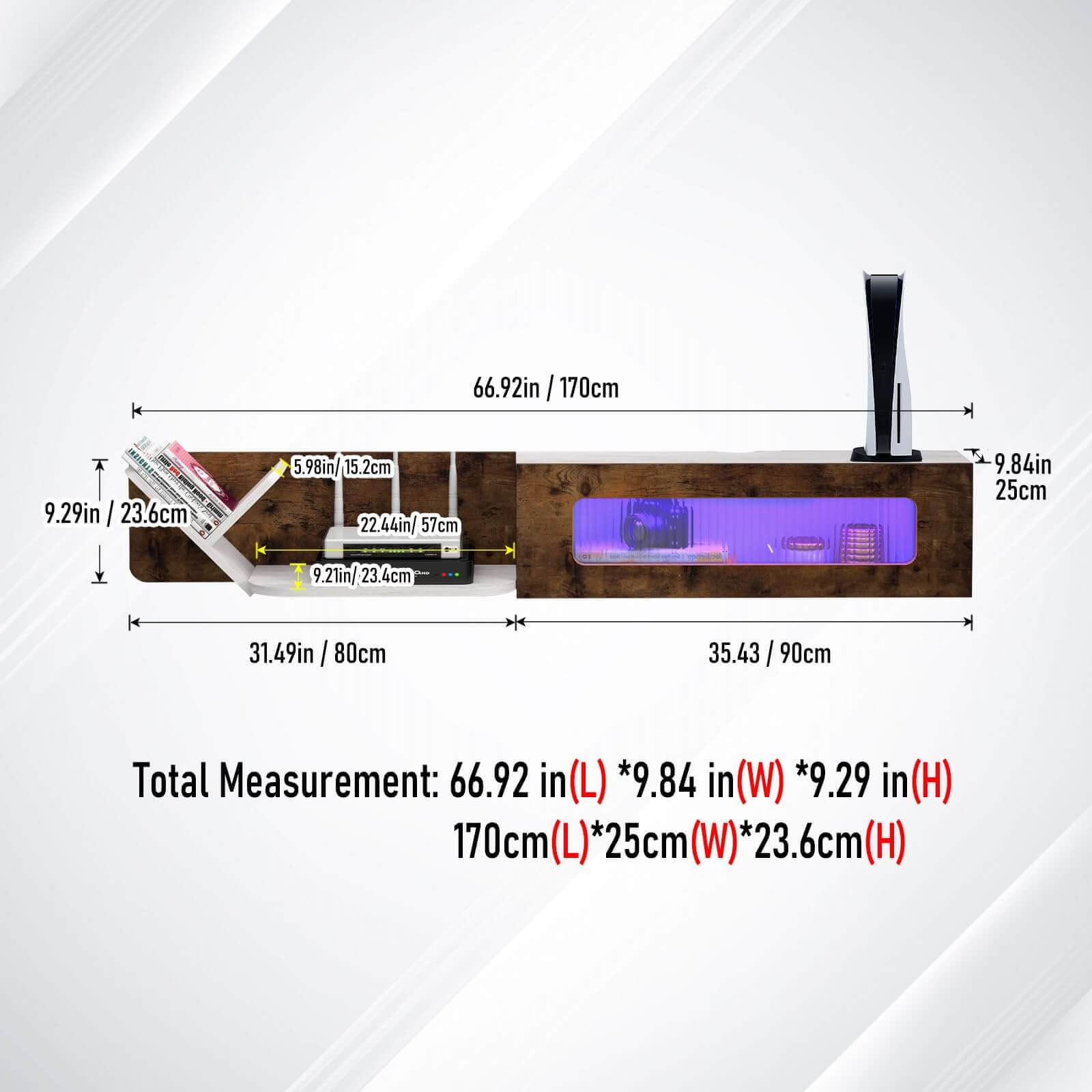 66.92" Modern Rustic Brown and White Plywood Floating TV Stand with LED Lights and Glass Door
