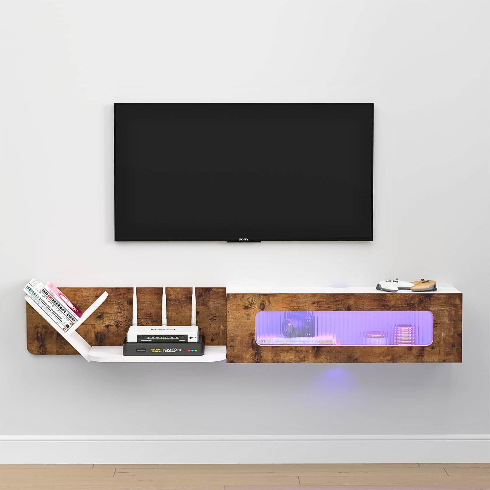 59.05" Modern Rustic Brown and White Plywood Floating TV Stand with LED Lights and Glass Door