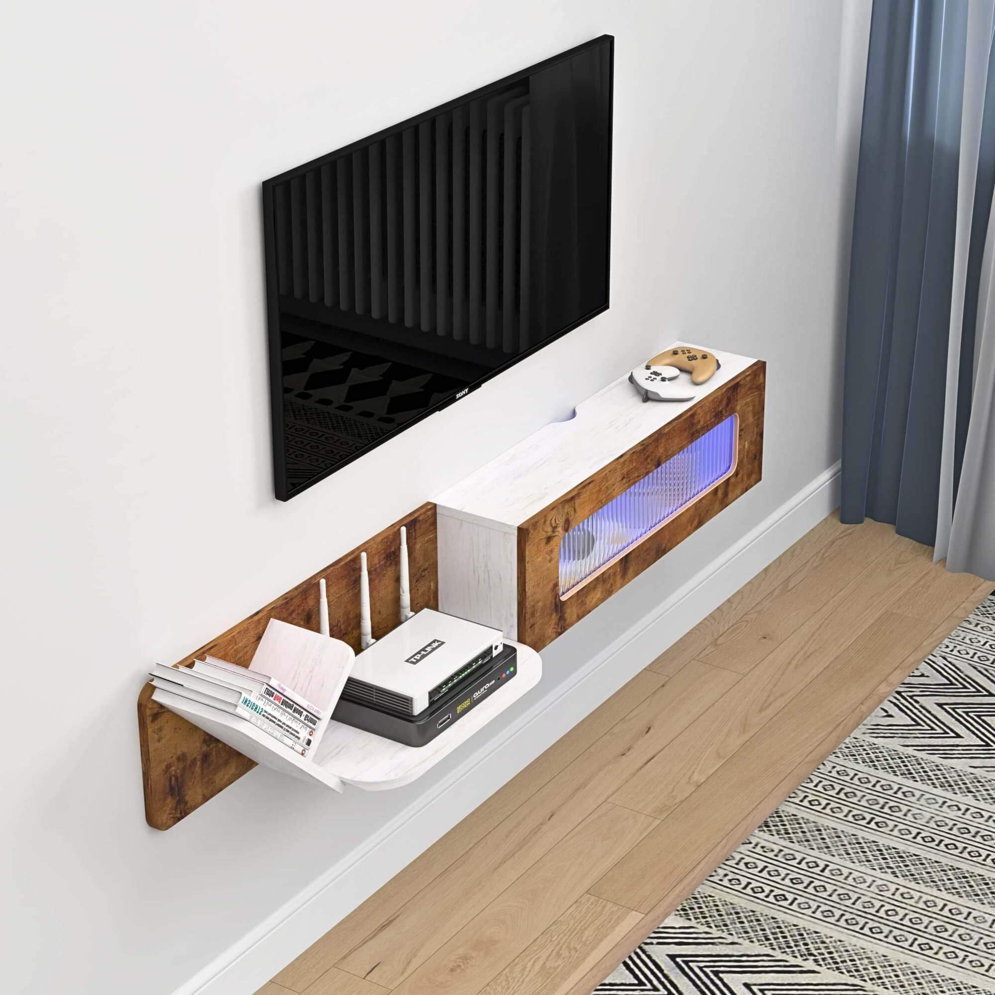 66.92" Modern Rustic Brown and White Plywood Floating TV Stand with LED Lights and Glass Door