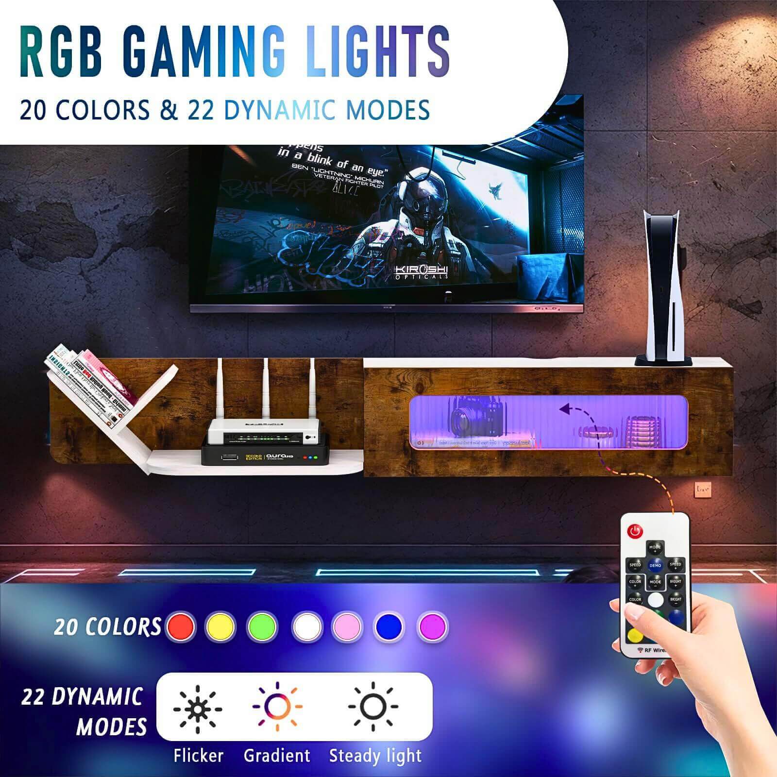 66.92" Modern Rustic Brown and White Plywood Floating TV Stand with LED Lights and Glass Door