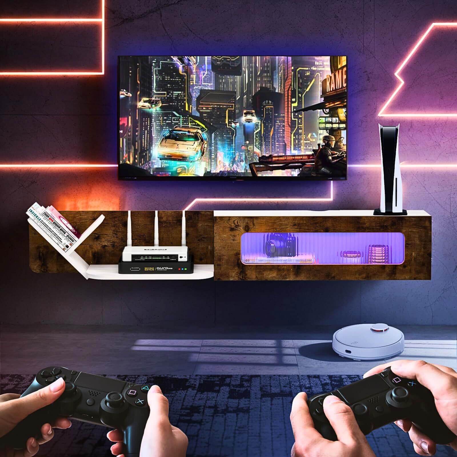 66.92" Modern Rustic Brown and White Plywood Floating TV Stand with LED Lights and Glass Door