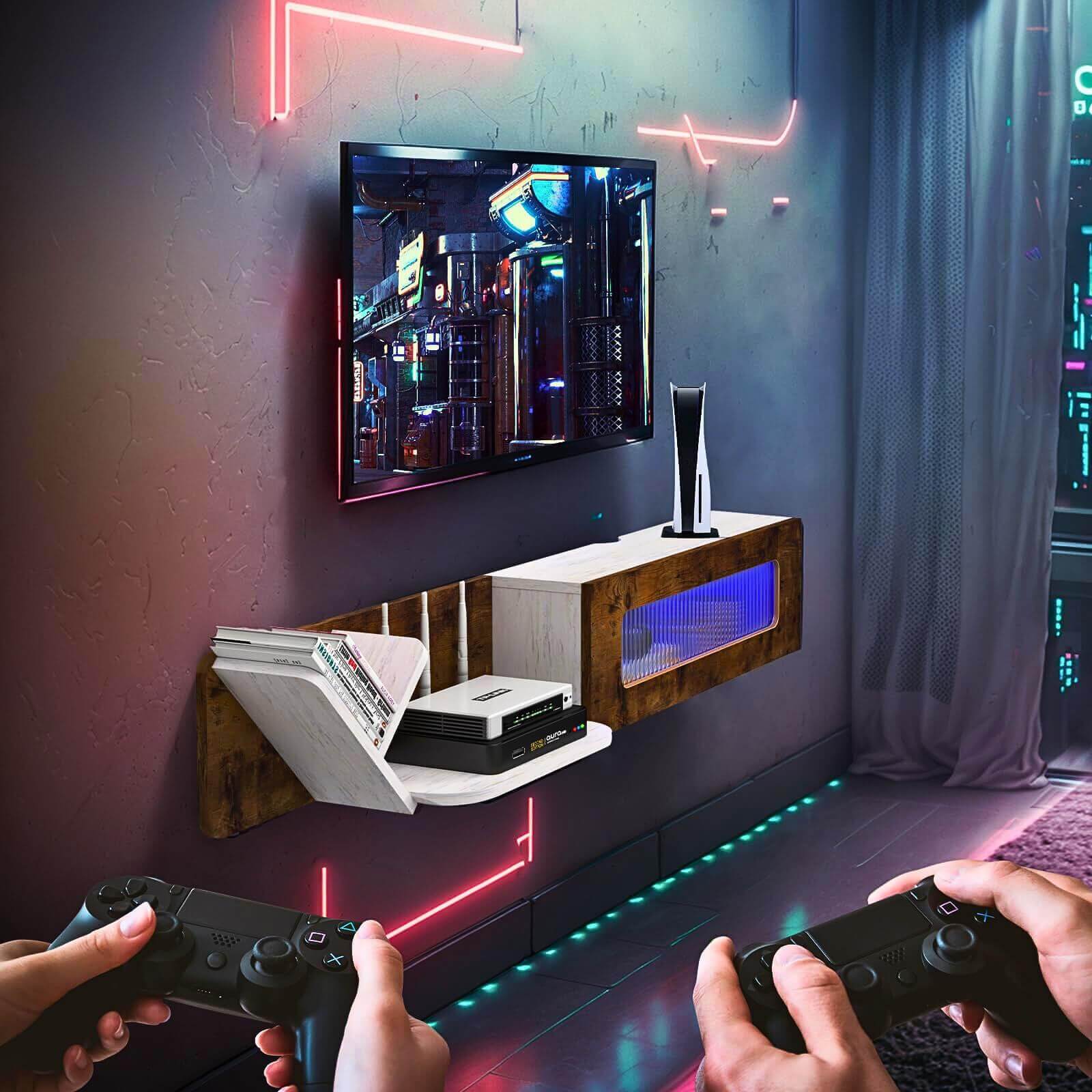 66.92" Modern Rustic Brown and White Plywood Floating TV Stand with LED Lights and Glass Door