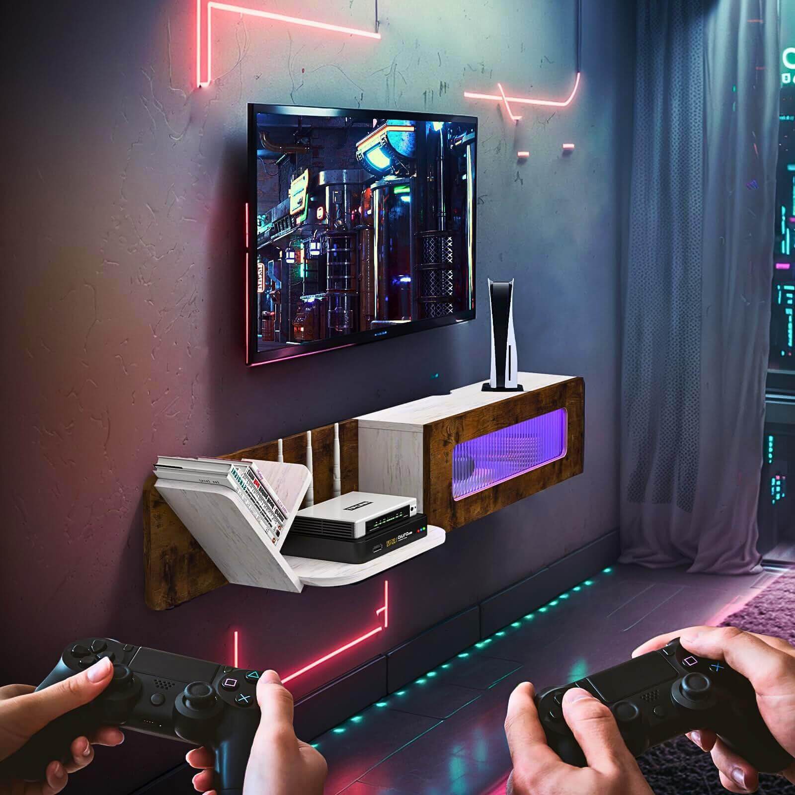 66.92" Modern Rustic Brown and White Plywood Floating TV Stand with LED Lights and Glass Door