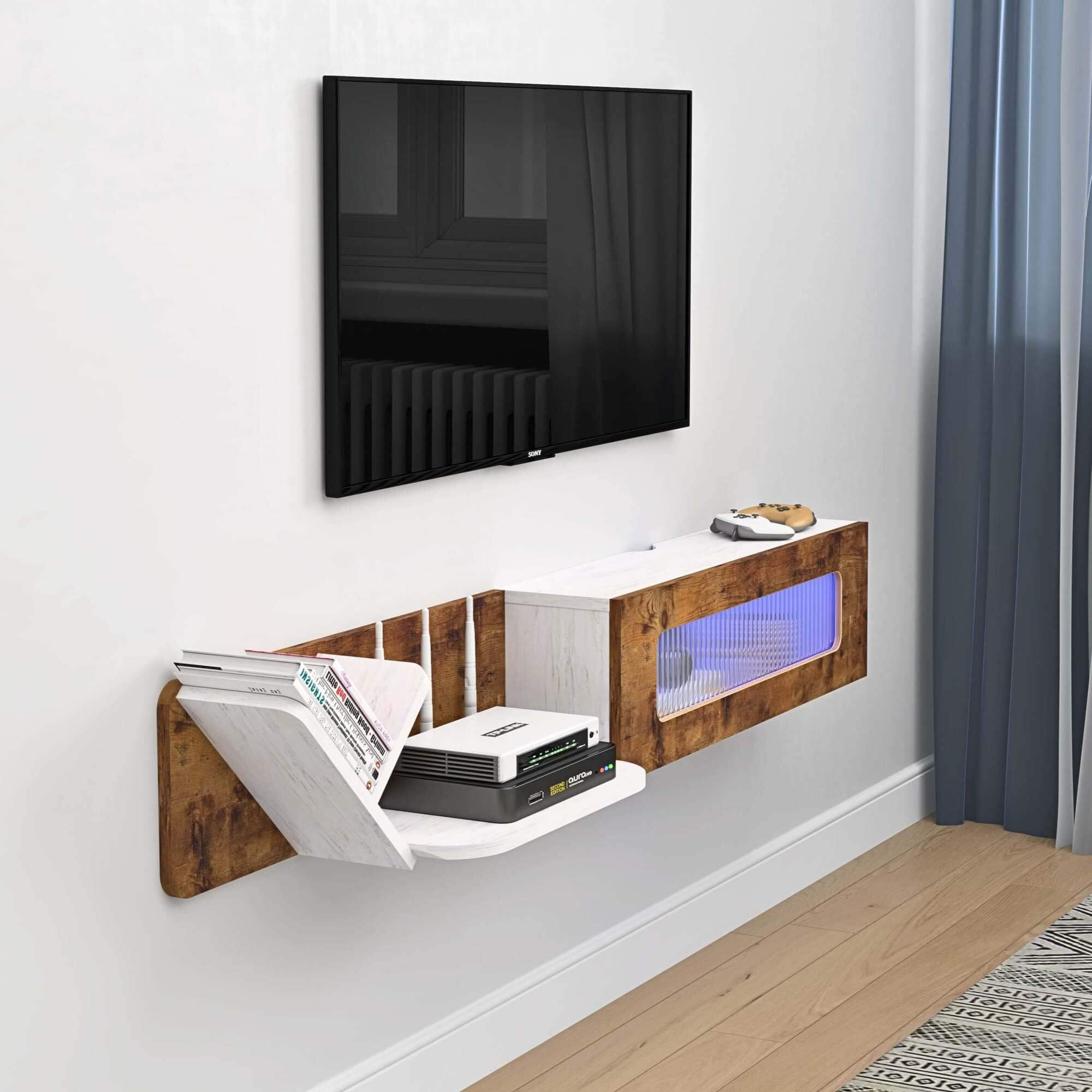 59.05" Modern Rustic Brown and White Plywood Floating TV Stand with LED Lights and Glass Door
