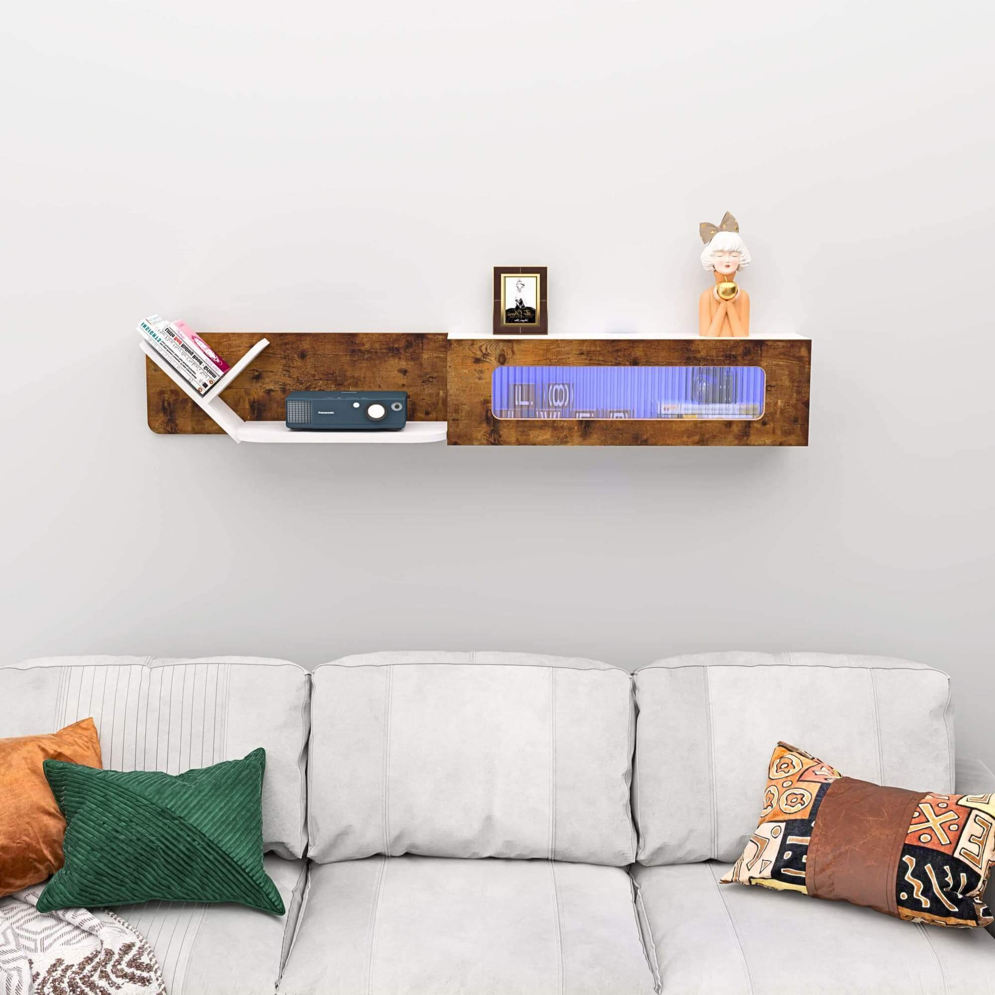 66.92" Modern Rustic Brown and White Plywood Floating TV Stand with LED Lights and Glass Door