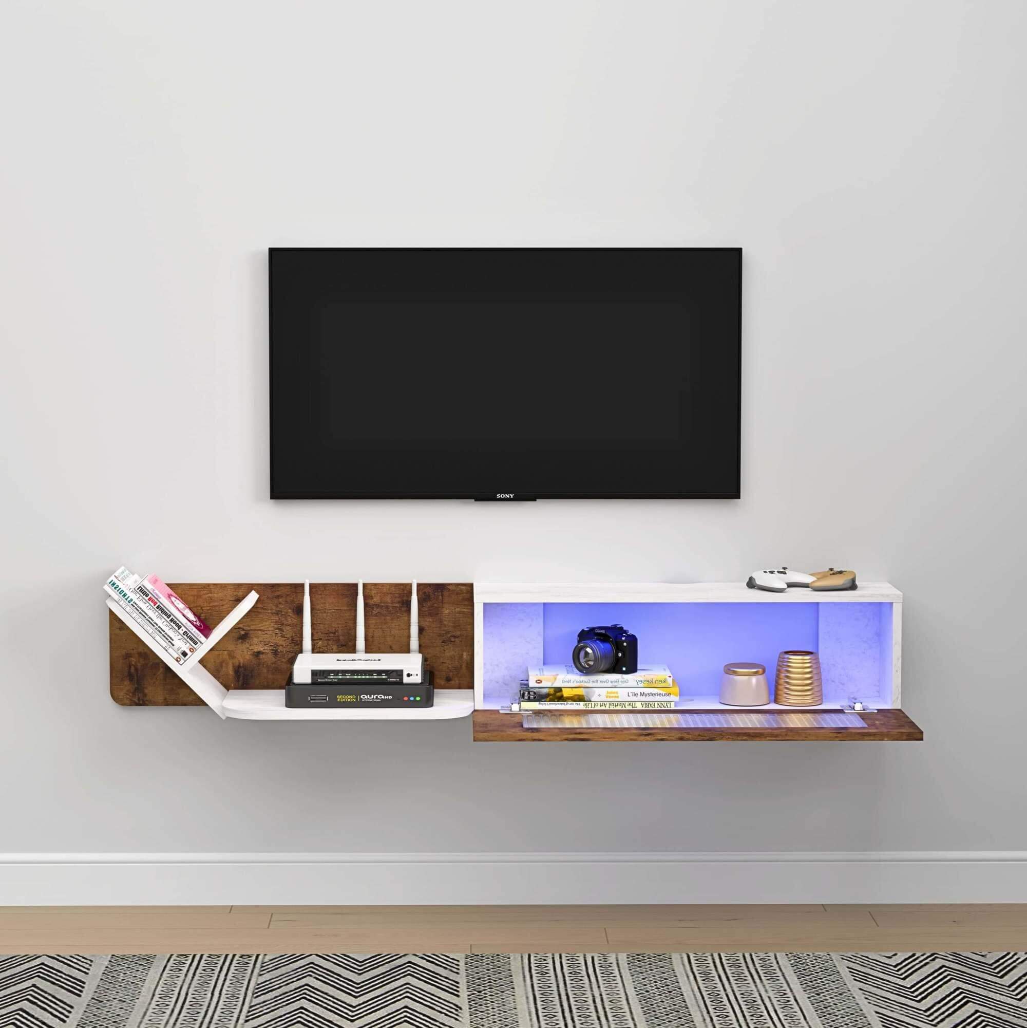 66.92" Modern Rustic Brown and White Plywood Floating TV Stand with LED Lights and Glass Door