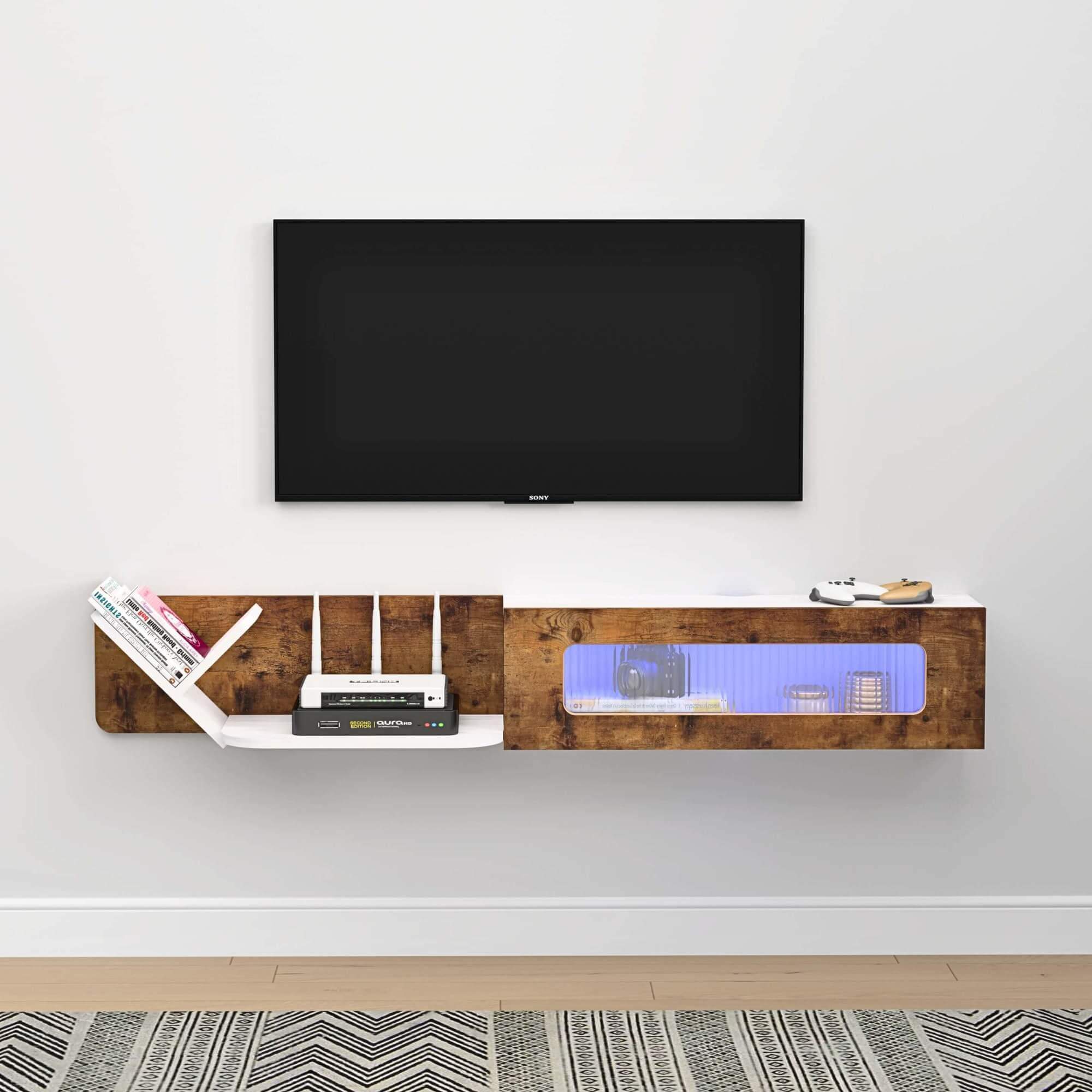 66.92" Modern Rustic Brown and White Plywood Floating TV Stand with LED Lights and Glass Door