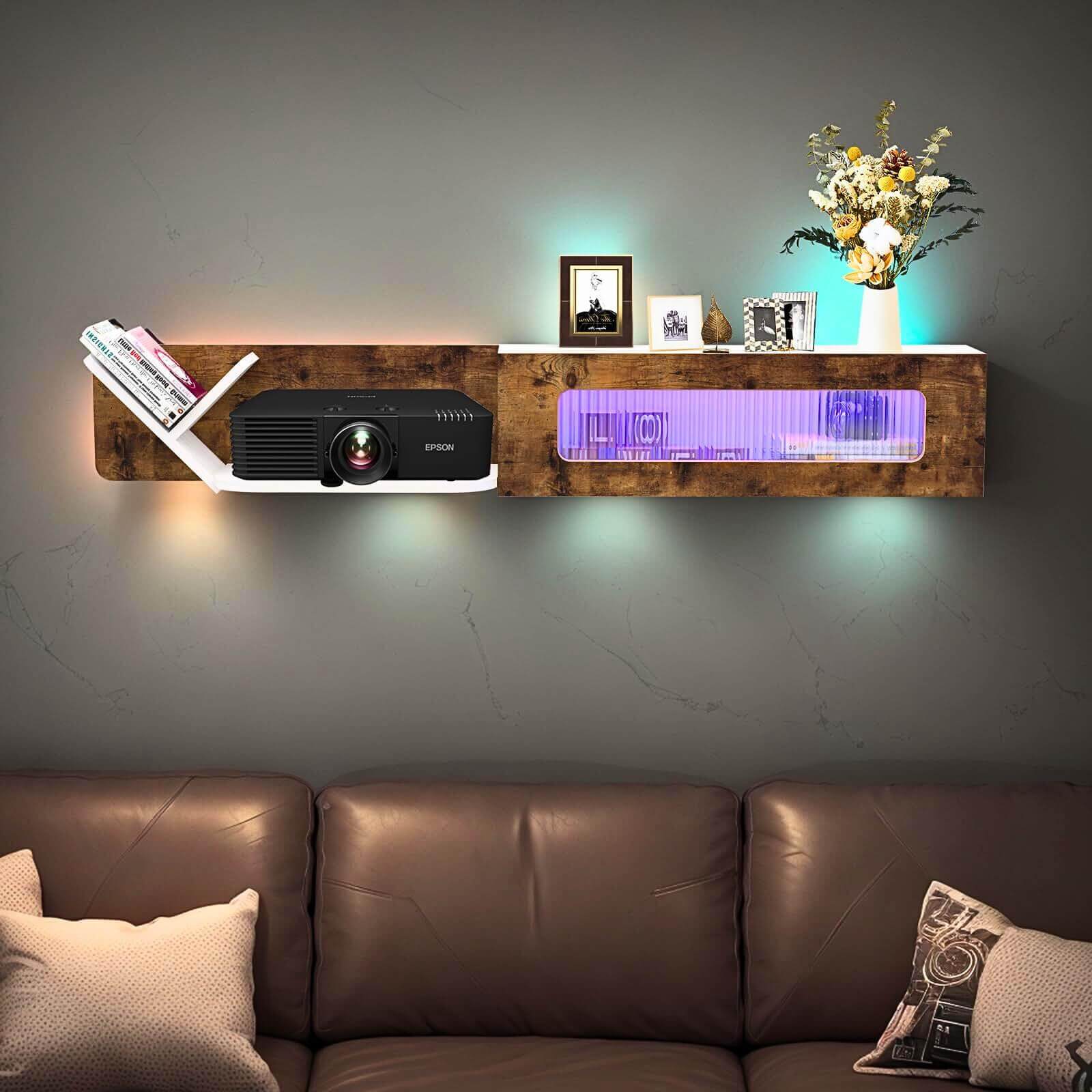 59.05" Modern Rustic Brown and White Plywood Floating TV Stand with LED Lights and Glass Door
