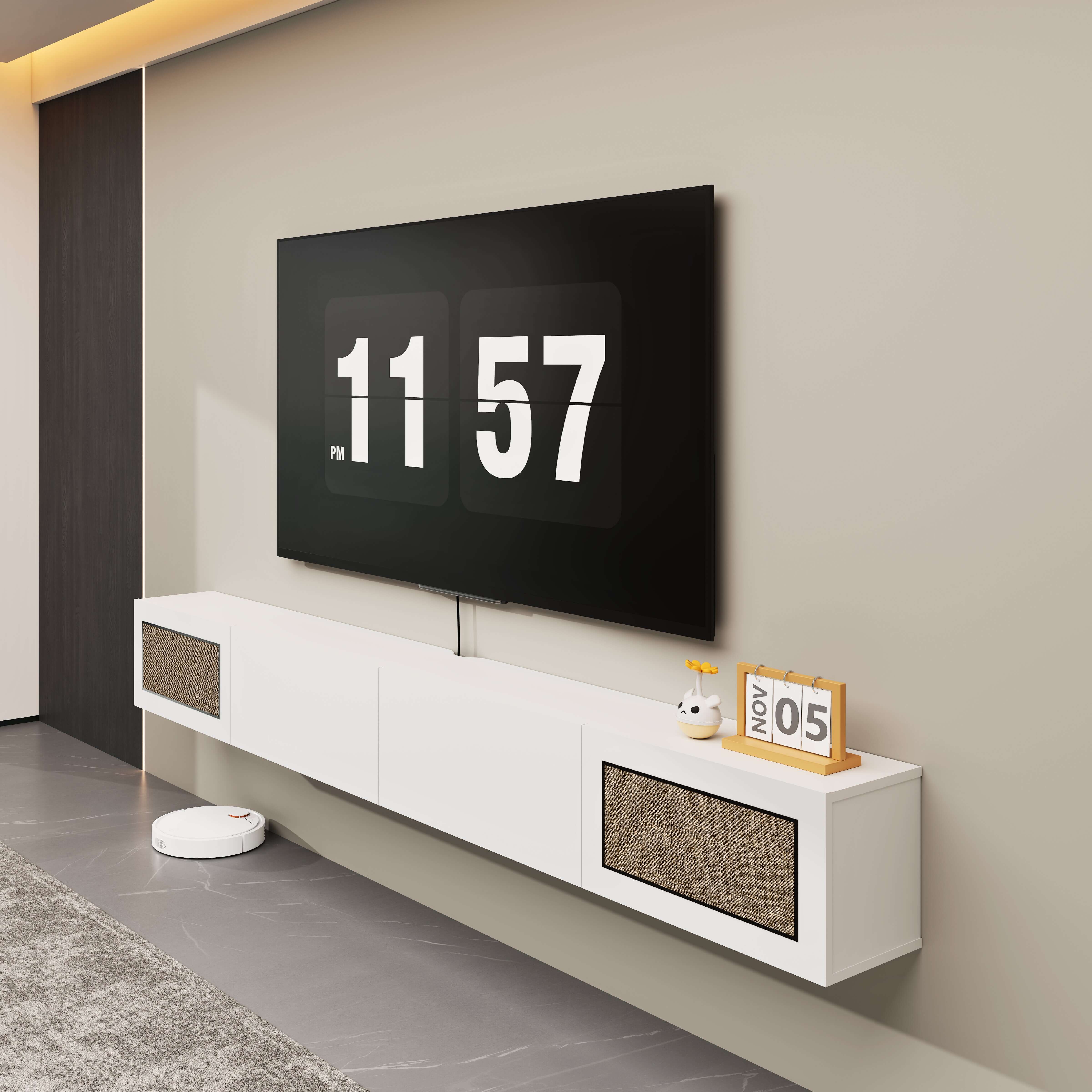 Natura 94.48" Woven Panel Drawer Floating TV Stand, White