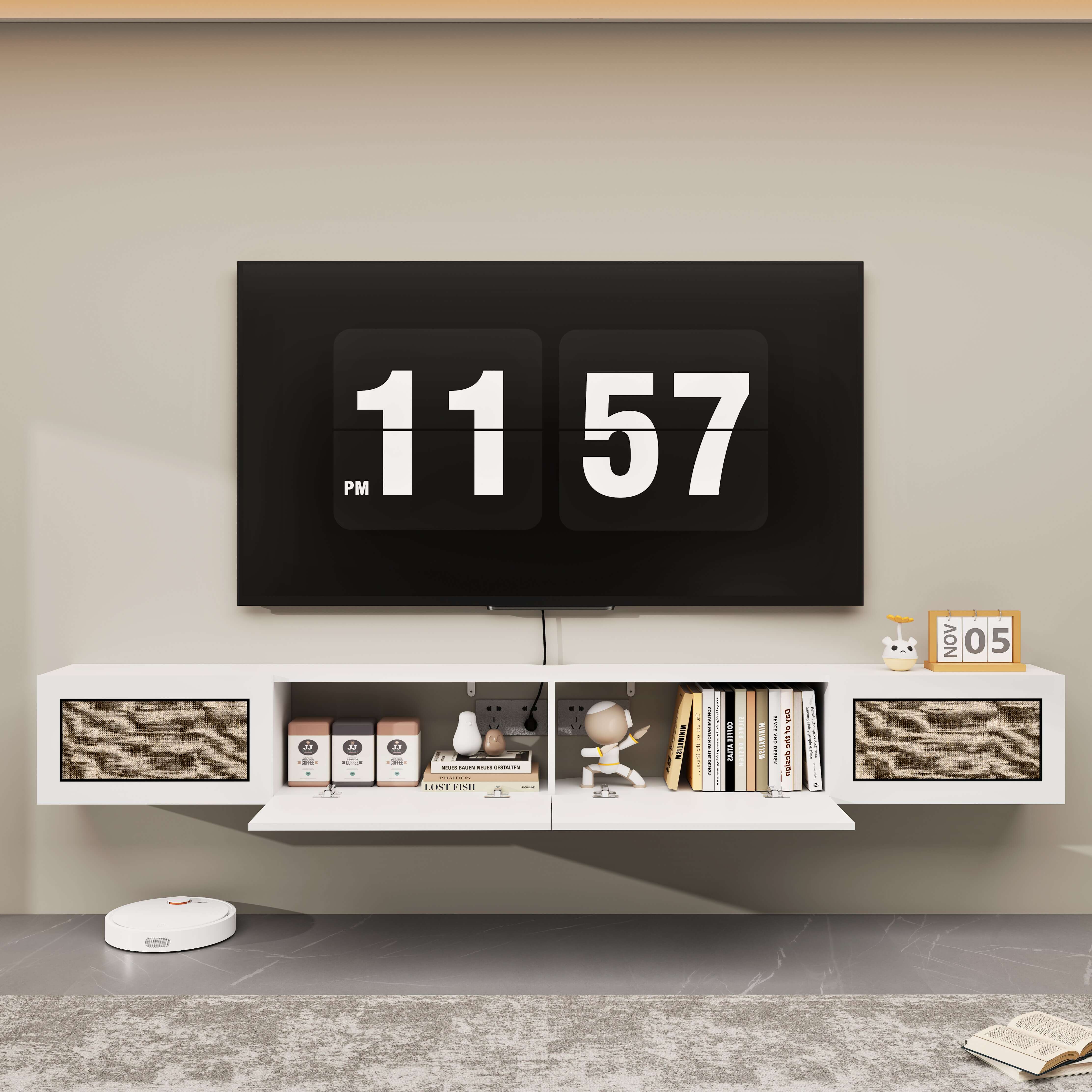 Natura 94.48" Woven Panel Drawer Floating TV Stand, White