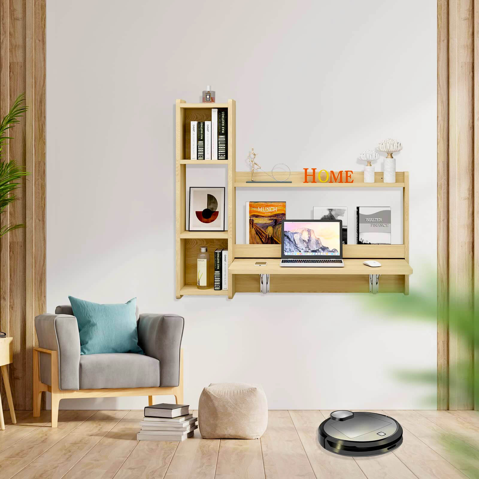 Light Oak Plywood Floating Fold Down Wall Desk With Storage Shelf #shelf_left