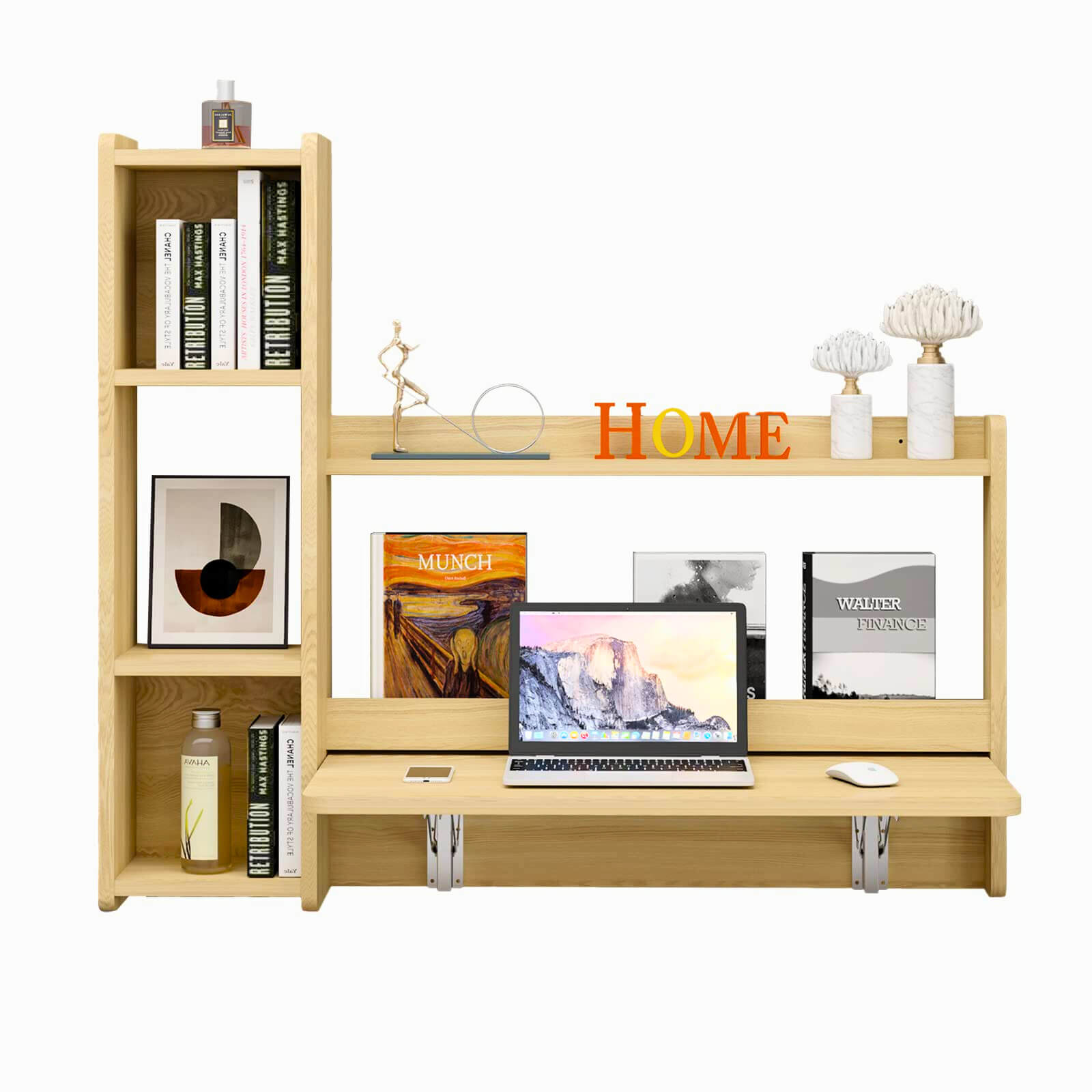 Light Oak Plywood Floating Fold Down Wall Desk With Storage Shelf #shelf_left