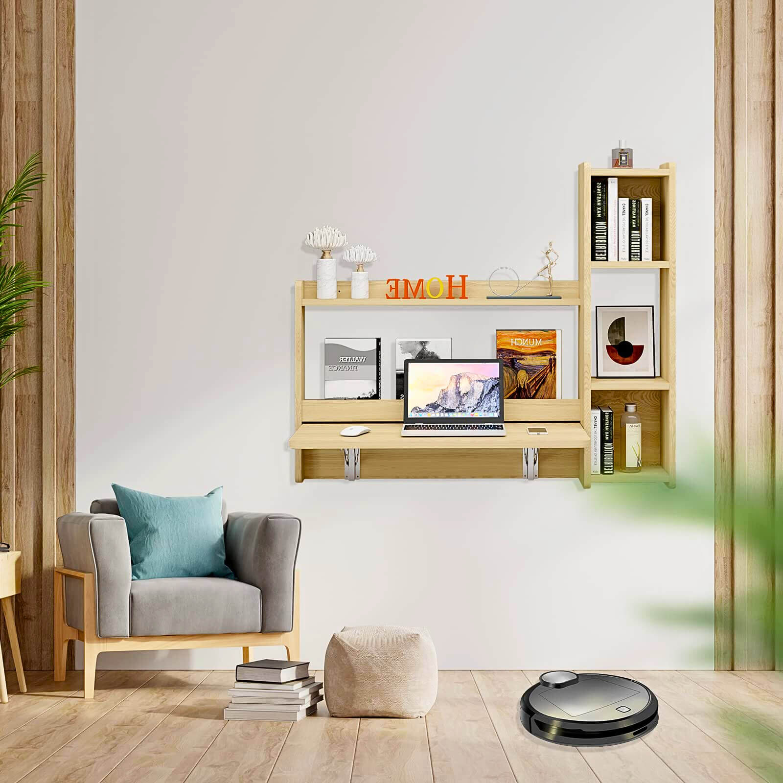 Light Oak Plywood Floating Fold Down Wall Desk With Storage Shelf #shelf_right