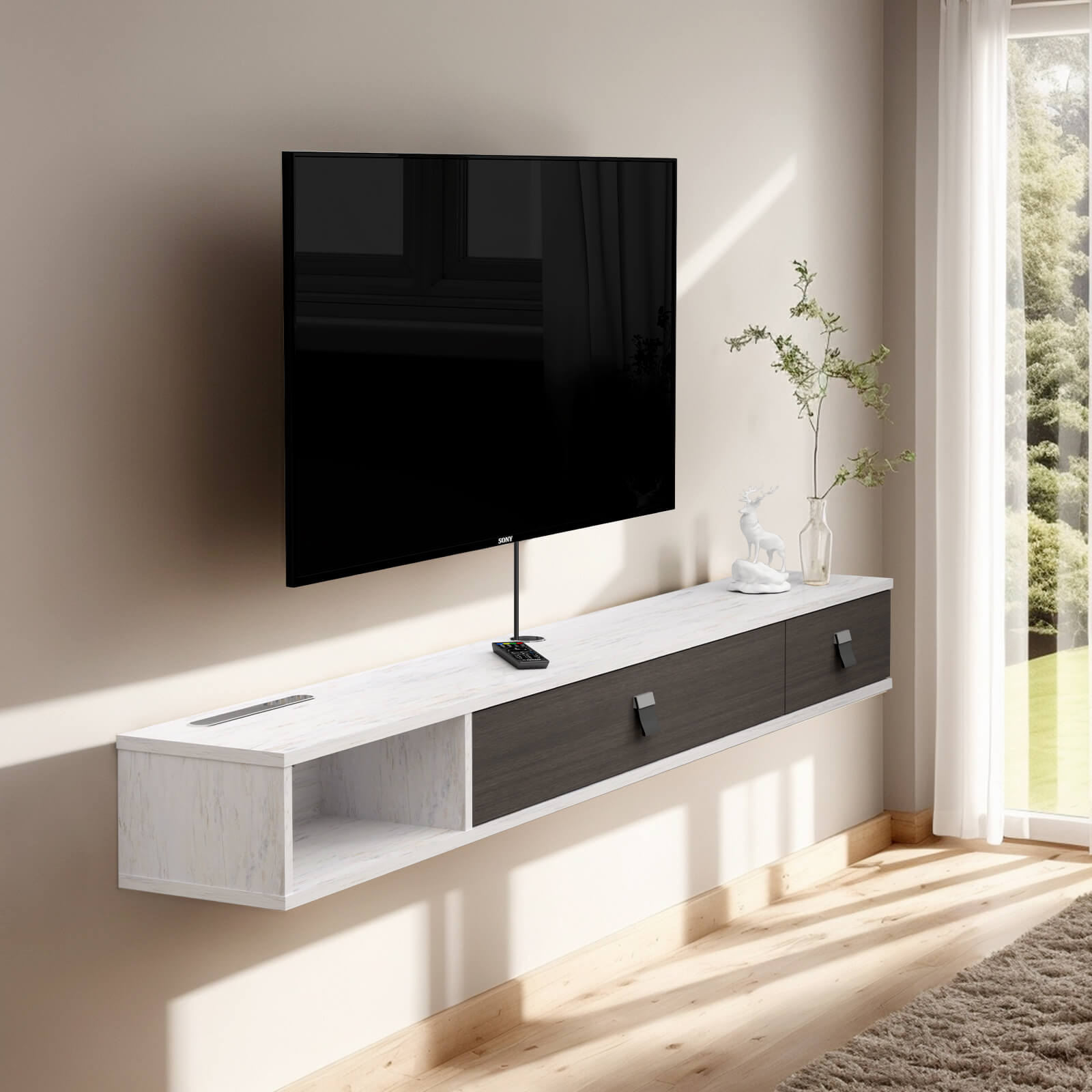 Plywood Wall Mounted Floating TV Stand with Two Flip-down Doors #color_greyish white