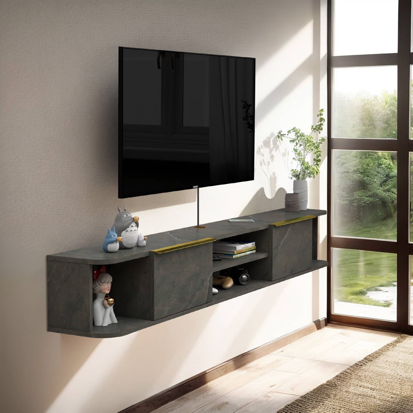 Modern Floating TV Stand with Storage Drawers and Shelves #color_pietra grey