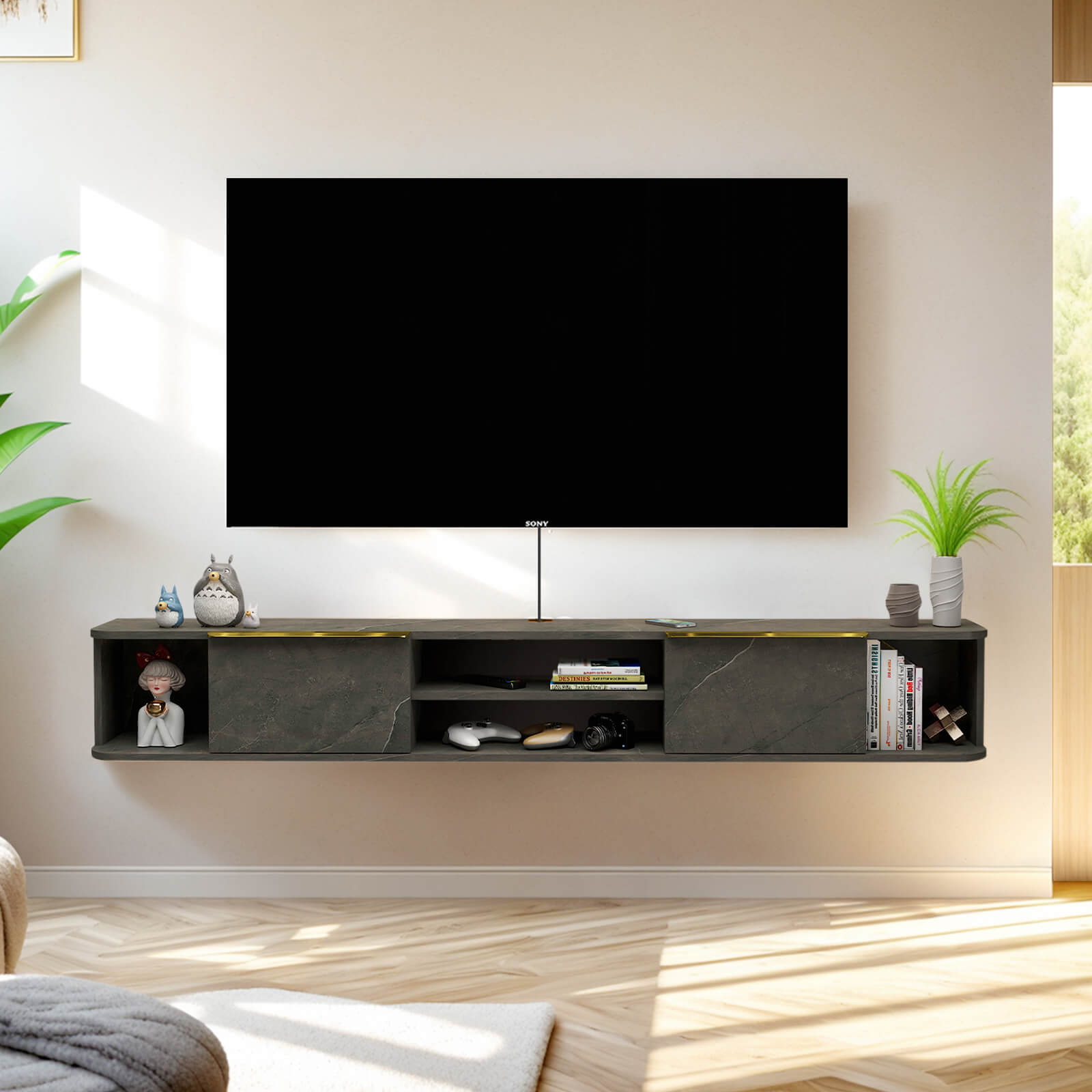 Modern Floating TV Stand with Storage Drawers and Shelves #color_pietra grey