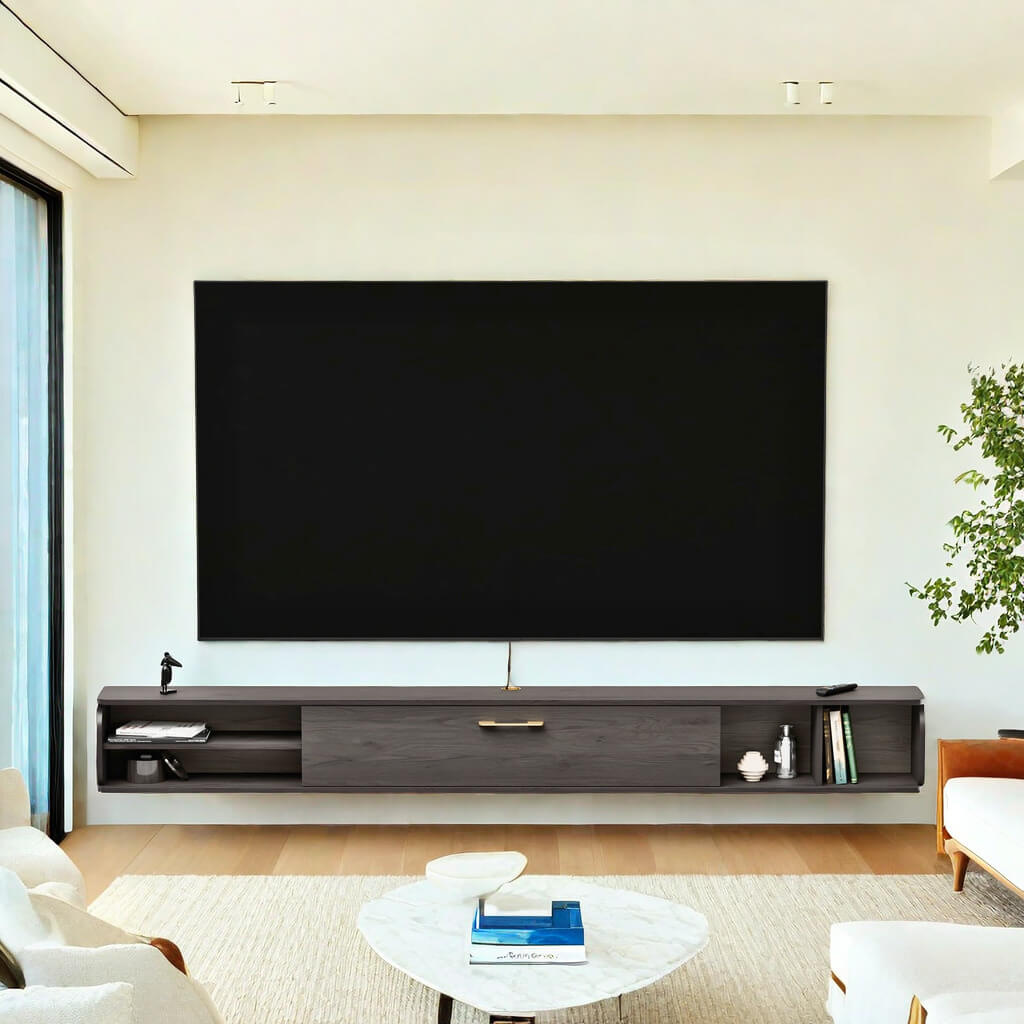 Charcoal Grey Modern Wood Floating TV Stand for 90-100 inch Flat Screen TV with Adjustable Shelves & Flip Down Door