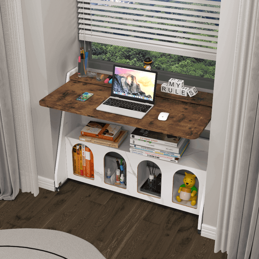 Custom Wooden Window Desk with Storage Cubbies, Entryway Mudroom Bench