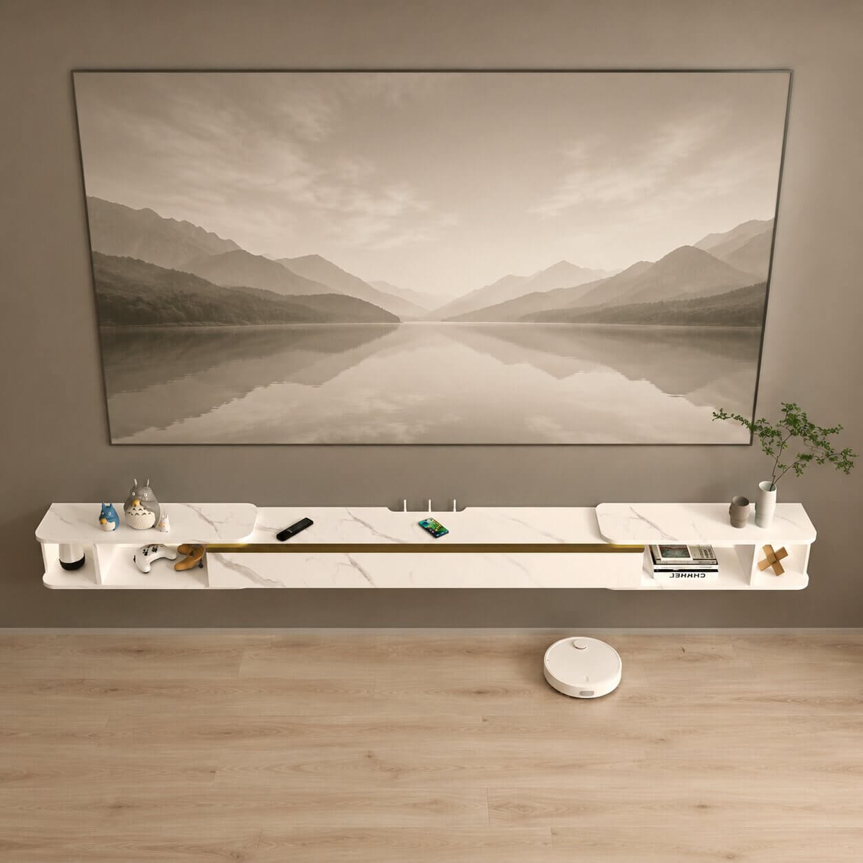 87"- 122" Retracto Floating TV Stand, Marble White