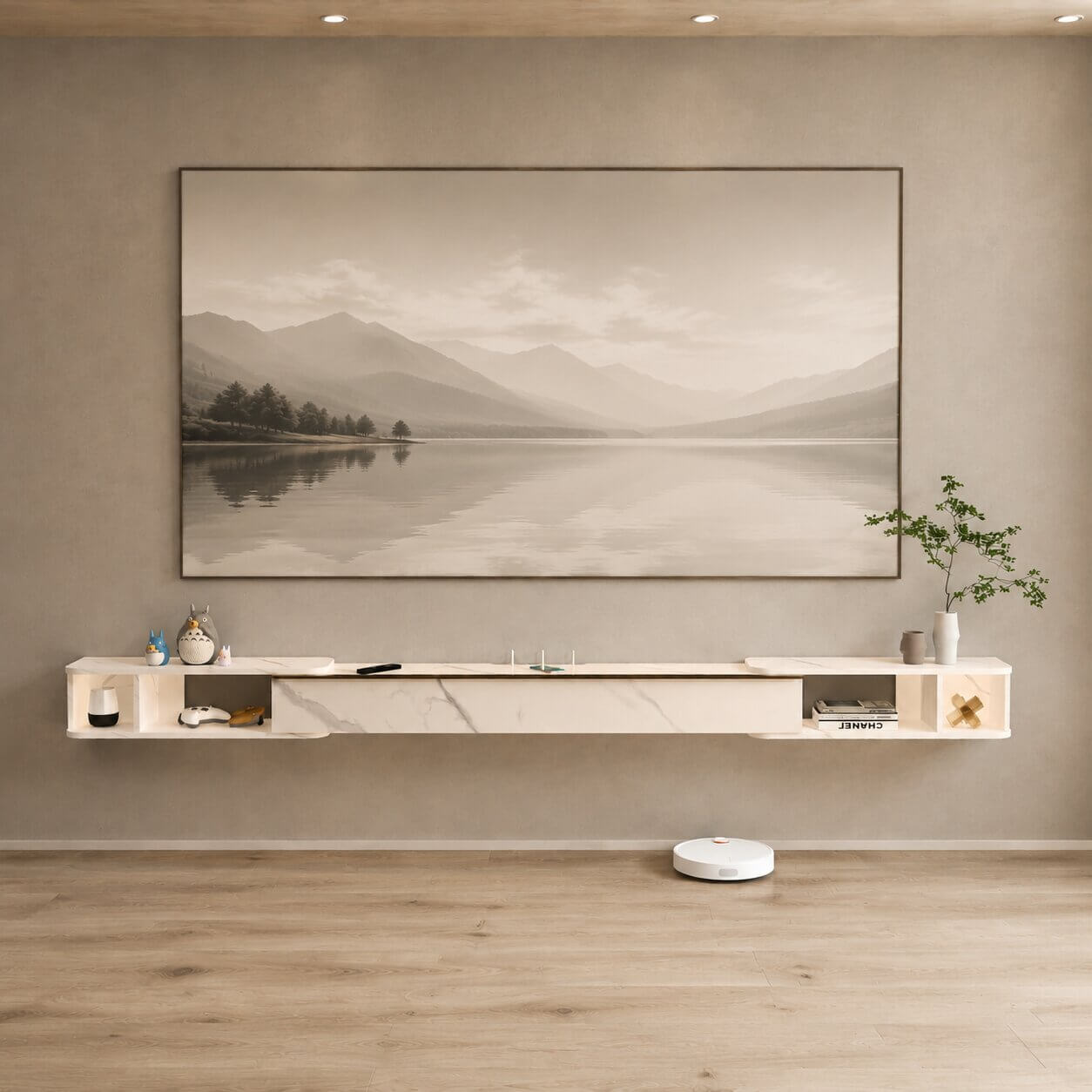 87"- 122" Retracto Floating TV Stand, Marble White