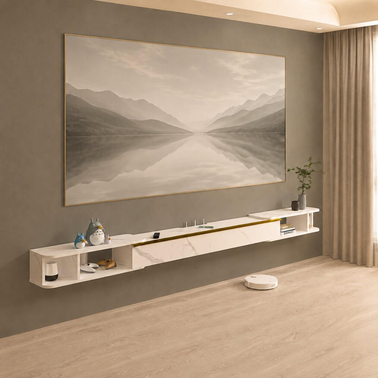 87"- 122" Retracto Floating TV Stand, Marble White