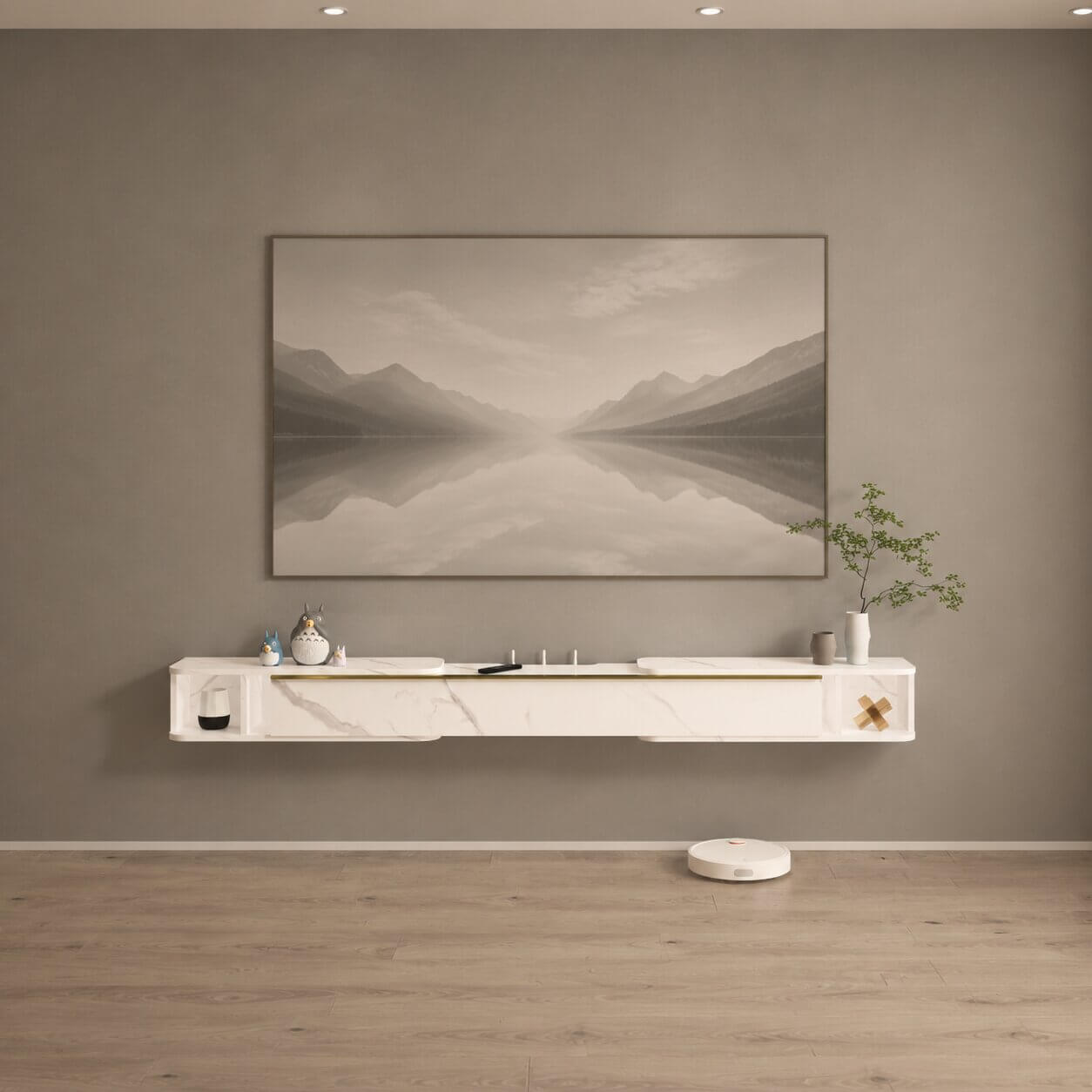 87"- 122" Retracto Floating TV Stand, Marble White