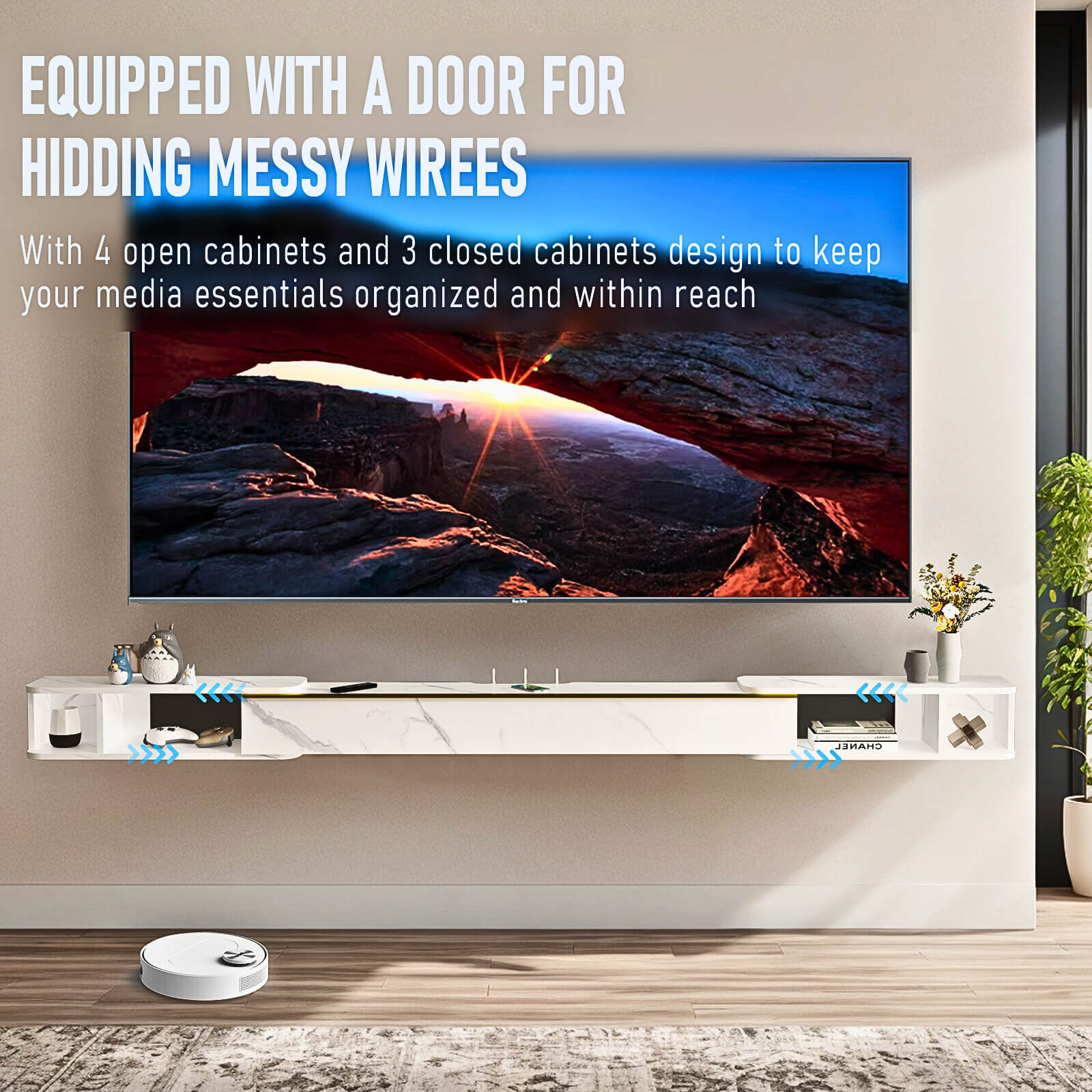 Retractable Thin Floating TV Console Table, Slim TV Shelving Unit with Golden Accent Door, Wall Mounted Under TV Cabinet, White with Golden Accent Door