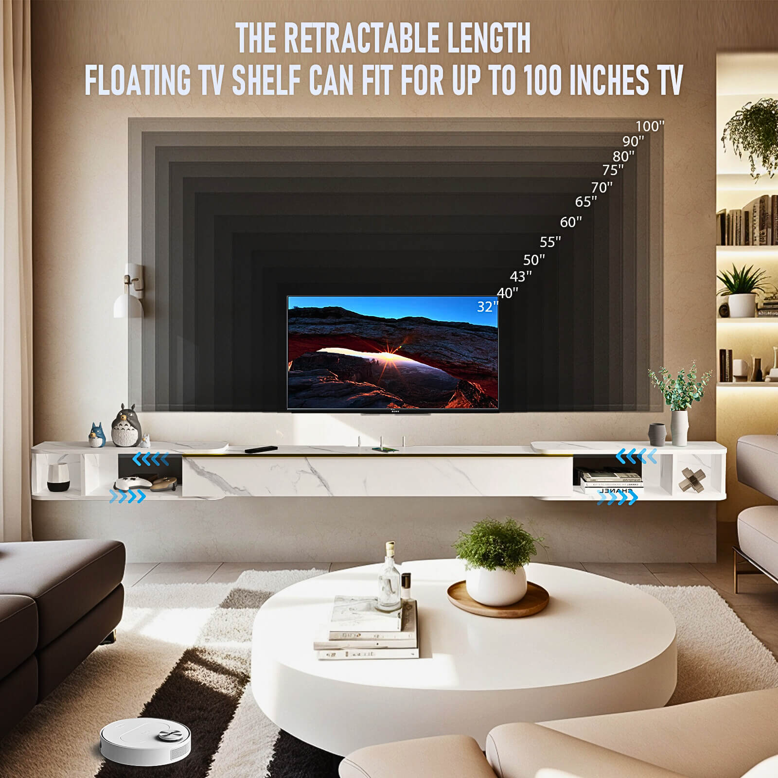 Retractable Thin Floating TV Console Table, Slim TV Shelving Unit with Golden Accent Door, Wall Mounted Under TV Cabinet, White with Golden Accent Door